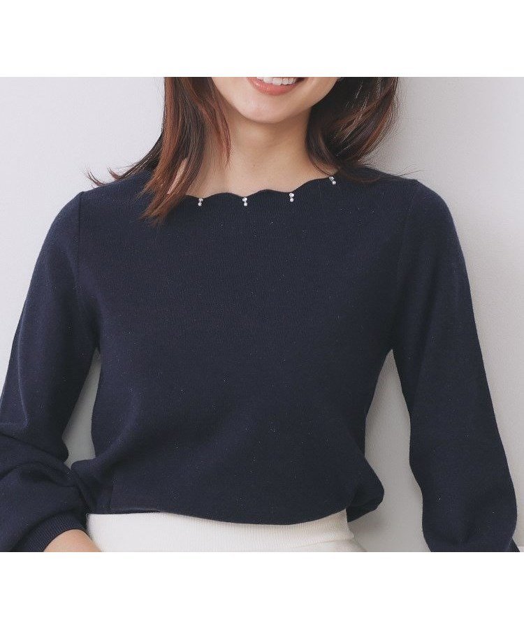 【インデックス/INDEX】のラメスカラップビジューデザインニット【洗濯機OK】《6col/S~LL》 インテリア・キッズ・メンズ・レディースファッション・服の通販 founy(ファニー) 　ファッション　Fashion　レディースファッション　Fashion for Women　トップス・カットソー　Cut & Sew Tops　ニット　Knit Tops & Sweaters　シンプル　Simple, Minimal　スカラップ　Scallop, Scalloped Edge　スマート　Smart, Elegant　スリーブ　Sleeve, Long Sleeve / Short Sleeve　ビジュー　Bijou, Jewel-like Accent　エレガント 上品　Elegant　ネイビー|ID: prp329100004779031 ipo3291000000034697705