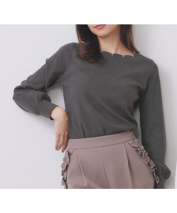 【インデックス/INDEX】のラメスカラップビジューデザインニット【洗濯機OK】《6col/S~LL》 インテリア・キッズ・メンズ・レディースファッション・服の通販 founy(ファニー) 　ファッション　Fashion　レディースファッション　Fashion for Women　トップス・カットソー　Cut & Sew Tops　ニット　Knit Tops & Sweaters　シンプル　Simple, Minimal　スカラップ　Scallop, Scalloped Edge　スマート　Smart, Elegant　スリーブ　Sleeve, Long Sleeve / Short Sleeve　ビジュー　Bijou, Jewel-like Accent　エレガント 上品　Elegant　チャコールグレー|ID: prp329100004779031 ipo3291000000034697707