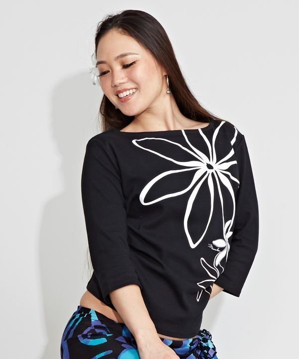 【アミナコレクション/Amina Collection】の【マウナロア】シャインティアレTシャツ(7分袖) インテリア・キッズ・メンズ・レディースファッション・服の通販 founy(ファニー) 　ファッション　Fashion　レディースファッション　Fashion for Women　トップス・カットソー　Cut & Sew Tops　シャツ・ブラウス・オフィスカジュアル　Elegant Blouses & Button-Ups　ロングTシャツ・Tシャツ　Longline T-Shirts & Tees　ストレッチ　Stretch, Stretchy Fabric　デコルテ　Décolleté, Neckline　ブラック|ID: prp329100004779036 ipo3291000000034659911