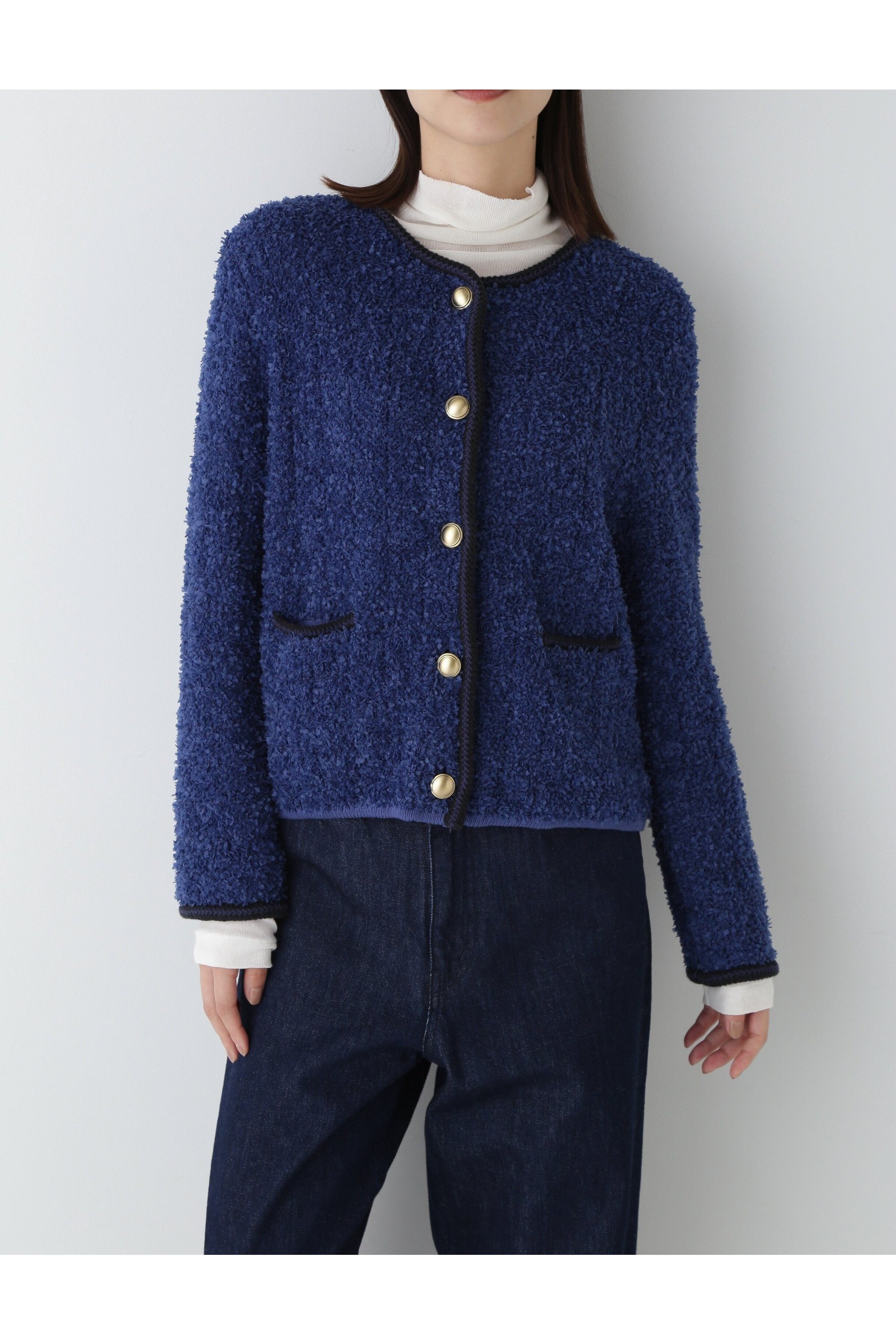 【ヒューマンウーマン/HUMAN WOMAN】の花モールニットツイードジャケット インテリア・キッズ・メンズ・レディースファッション・服の通販 founy(ファニー) 　ファッション　Fashion　レディースファッション　Fashion for Women　アウター　Coat / Outerwear Collection　レディースジャケット・軽アウター　Jackets　おすすめ　Recommended / Our Picks　カーディガン　Cardigan, Knitwear　クラシカル　Classical, Vintage-Inspired　クラシック　Classic, Timeless Style　ジャケット　Jacket, Outerwear　スタンダード　Standard, Basic　タートル　Turtleneck, Turtle Collar　ダウン　Down, Puffer　ツイード　Twill, Twill Weave　デニム　Denim, Jeans Material　ブレード　Braid, Decorative Trim　ネイビー|ID: prp329100004779213 ipo3291000000034662233