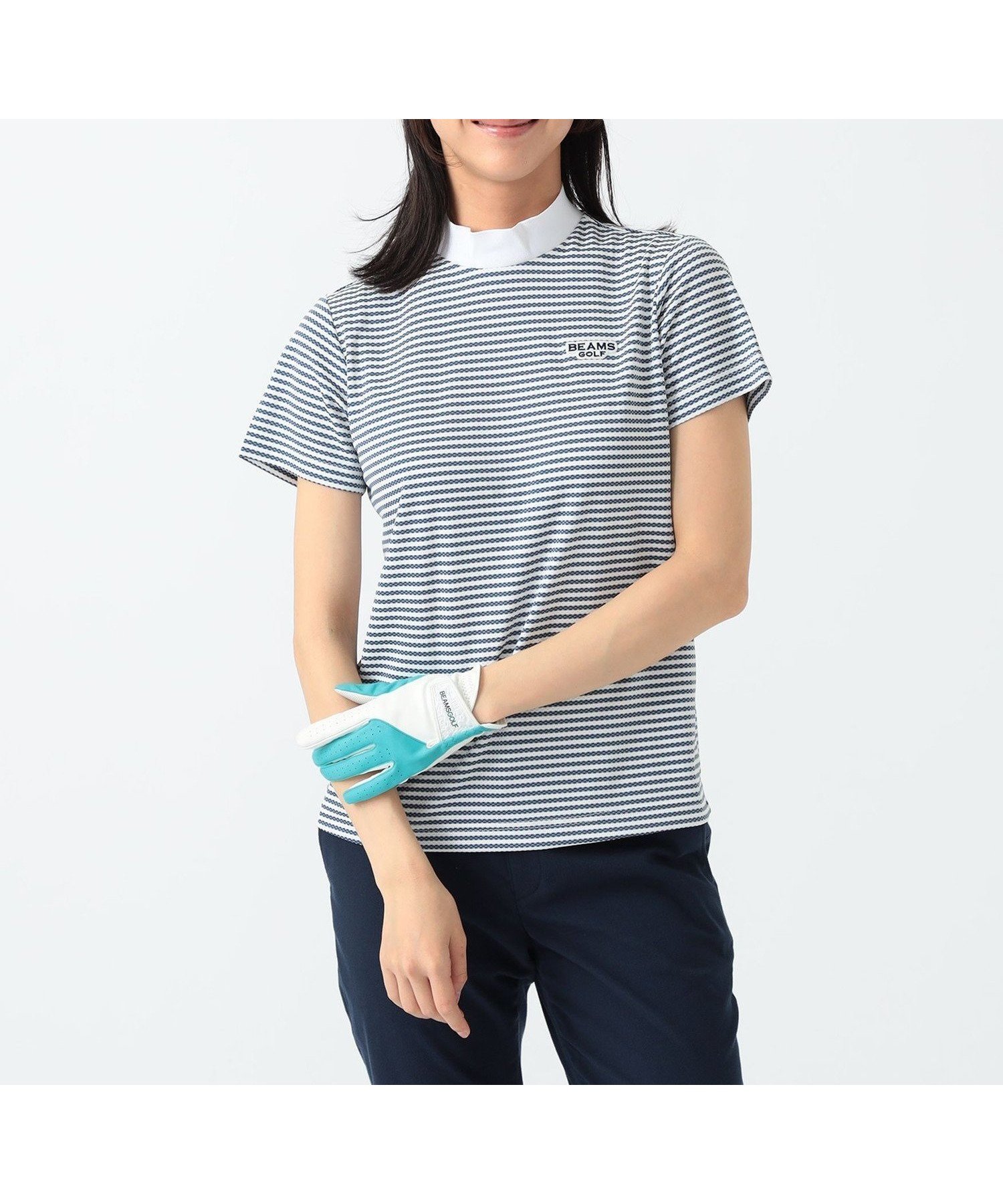 【ビームス ウイメン/BEAMS】のPURPLE LABEL / 細ボーダー 半袖 モックネック シャツ インテリア・キッズ・メンズ・レディースファッション・服の通販 founy(ファニー) 　ファッション　Fashion　レディースファッション　Fashion for Women　トップス・カットソー　Cut & Sew Tops　シャツ・ブラウス・オフィスカジュアル　Elegant Blouses & Button-Ups　カッティング　Cutting Detail　軽量　Lightweight, Ultra Light　シンプル　Simple, Minimal　フィット　Fit, Slim Fit　ベーシック　Basic, Essential　ボーダー　Border, Stripe　半袖　Short Sleeve, Half Sleeve　モックネック　Mock Neck, Short Turtleneck　エレガント 上品　Elegant　ゴルフ　Golf　NAVY|ID: prp329100004781036 ipo3291000000034932817