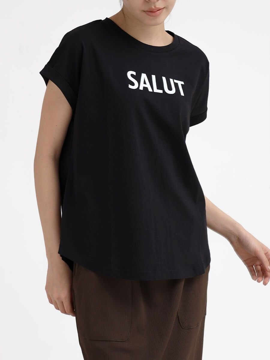 【ラシュッド/LASUD】のフレンチスリーブロゴTシャツ インテリア・キッズ・メンズ・レディースファッション・服の通販 founy(ファニー) ファッション Fashion レディースファッション Fashion for Women トップス・カットソー Cut & Sew Tops シャツ・ブラウス・オフィスカジュアル Elegant Blouses & Button-Ups ロングTシャツ・Tシャツ Longline T-Shirts & Tees バランス Balance, Style Balance ロールアップ Roll-Up, Cuffed Hem 洗える Machine Washable ブラック|ID: prp329100004781085 ipo3291000000034687695