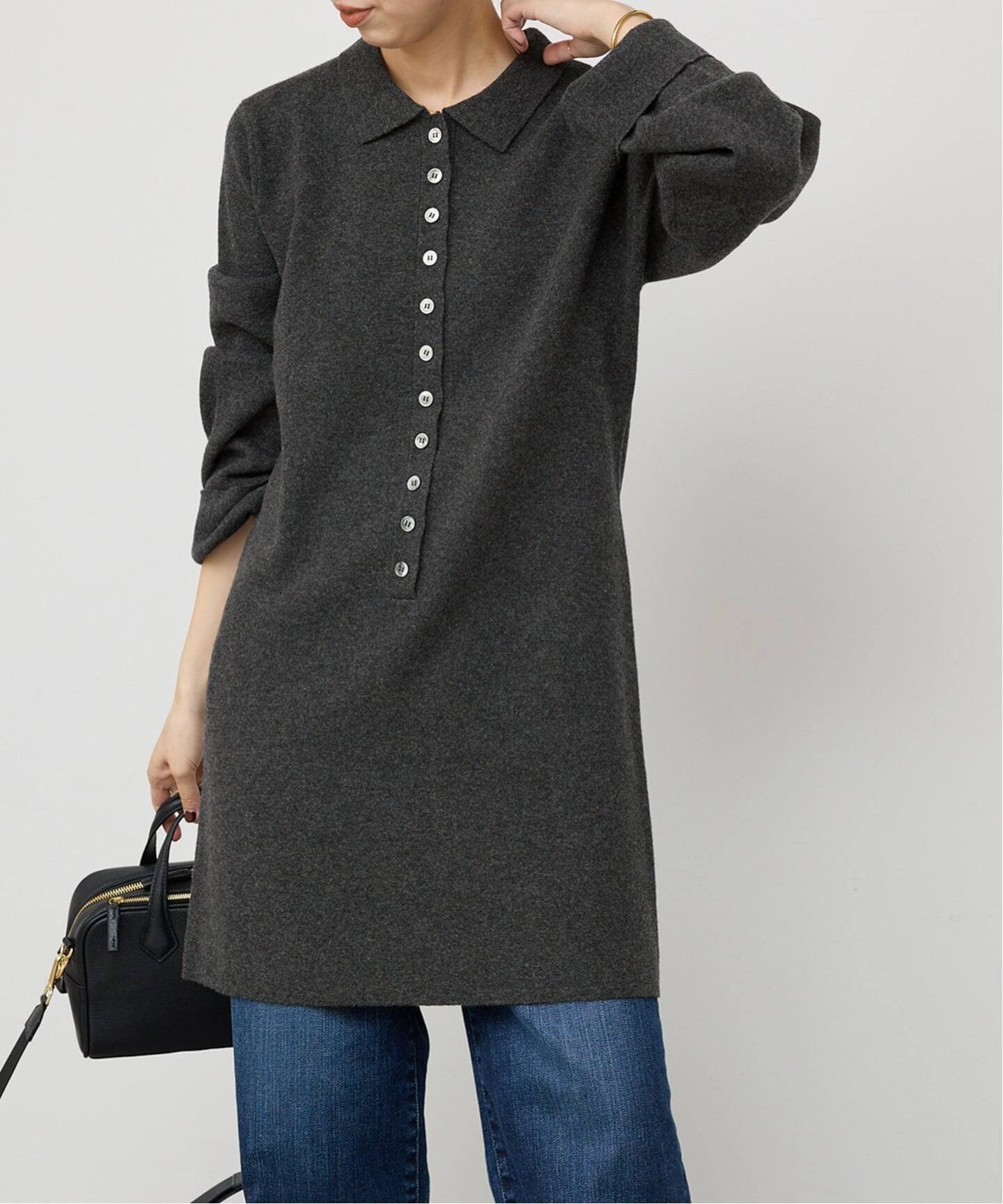 【スピック&スパン/Spick & Span】のポロシャツチュニックニットワンピ インテリア・キッズ・メンズ・レディースファッション・服の通販 founy(ファニー) 　ファッション　Fashion　レディースファッション　Fashion for Women　ワンピース　Dresses　ニットワンピース　Knit Dresses　チュニック　Tunic Tops & Dresses　おすすめ　Recommended / Our Picks　スマート　Smart, Elegant　デニム　Denim, Jeans Material　フロント　Front, Front Design　ボトム　Bottoms, Lower Wear　ポロシャツ　Polo Shirt, Collared Tee　ミラノリブ　Milano Rib, Milano Stitch　ルーズ　Loose, Oversized　グレー|ID: prp329100004781238 ipo3291000000034688885