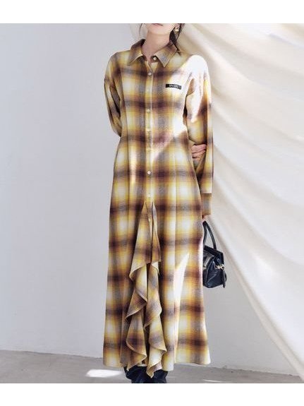【スナイデル/SNIDEL】の【SNIDEL/Prentiss】チェックアシメシャツワンピース 人気、トレンドファッション・服の通販 founy(ファニー) 　ファッション　Fashion　レディースファッション　Fashion for Women　ワンピース　Dresses　シャツワンピース / 1枚で着映えコーデ　Shirt Dresses　アウトドア　Outdoor Clothing　イエロー　Yellow　コラボ　Collaboration, Collab　ストレート　Straight, Straight Cut　スリット　Slit, Slit Detail　チェック　Check, Plaid, Tartan　長袖　Long Sleeve, Full Sleeve　パターン　Pattern, Design Print　フリル　Frill, Ruffle　ロング　Long, Long-Length　ワーク　Workwear, Utility Style　おすすめ　Recommended / Our Picks　 other-1|ID: prp329100004781255 ipo3291000000034688976