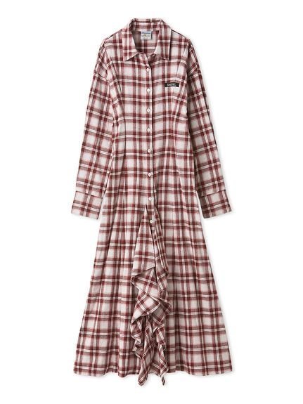 【スナイデル/SNIDEL】の【SNIDEL/Prentiss】チェックアシメシャツワンピース インテリア・キッズ・メンズ・レディースファッション・服の通販 founy(ファニー) 　ファッション　Fashion　レディースファッション　Fashion for Women　ワンピース　Dresses　シャツワンピース / 1枚で着映えコーデ　Shirt Dresses　アウトドア　Outdoor Clothing　イエロー　Yellow　コラボ　Collaboration, Collab　ストレート　Straight, Straight Cut　スリット　Slit, Slit Detail　チェック　Check, Plaid, Tartan　長袖　Long Sleeve, Full Sleeve　パターン　Pattern, Design Print　フリル　Frill, Ruffle　ロング　Long, Long-Length　ワーク　Workwear, Utility Style　おすすめ　Recommended / Our Picks　PNK[066]|ID: prp329100004781255 ipo3291000000034688980