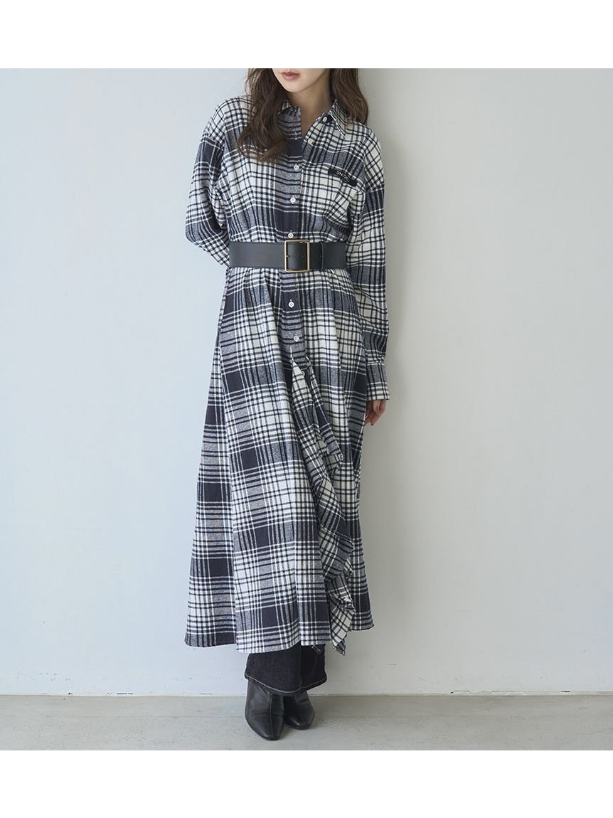 【スナイデル/SNIDEL】の【SNIDEL/Prentiss】チェックアシメシャツワンピース インテリア・キッズ・メンズ・レディースファッション・服の通販 founy(ファニー) 　ファッション　Fashion　レディースファッション　Fashion for Women　ワンピース　Dresses　シャツワンピース / 1枚で着映えコーデ　Shirt Dresses　アウトドア　Outdoor Clothing　イエロー　Yellow　コラボ　Collaboration, Collab　ストレート　Straight, Straight Cut　スリット　Slit, Slit Detail　チェック　Check, Plaid, Tartan　長袖　Long Sleeve, Full Sleeve　パターン　Pattern, Design Print　フリル　Frill, Ruffle　ロング　Long, Long-Length　ワーク　Workwear, Utility Style　おすすめ　Recommended / Our Picks　NVY[089]|ID: prp329100004781255 ipo3291000000035171863