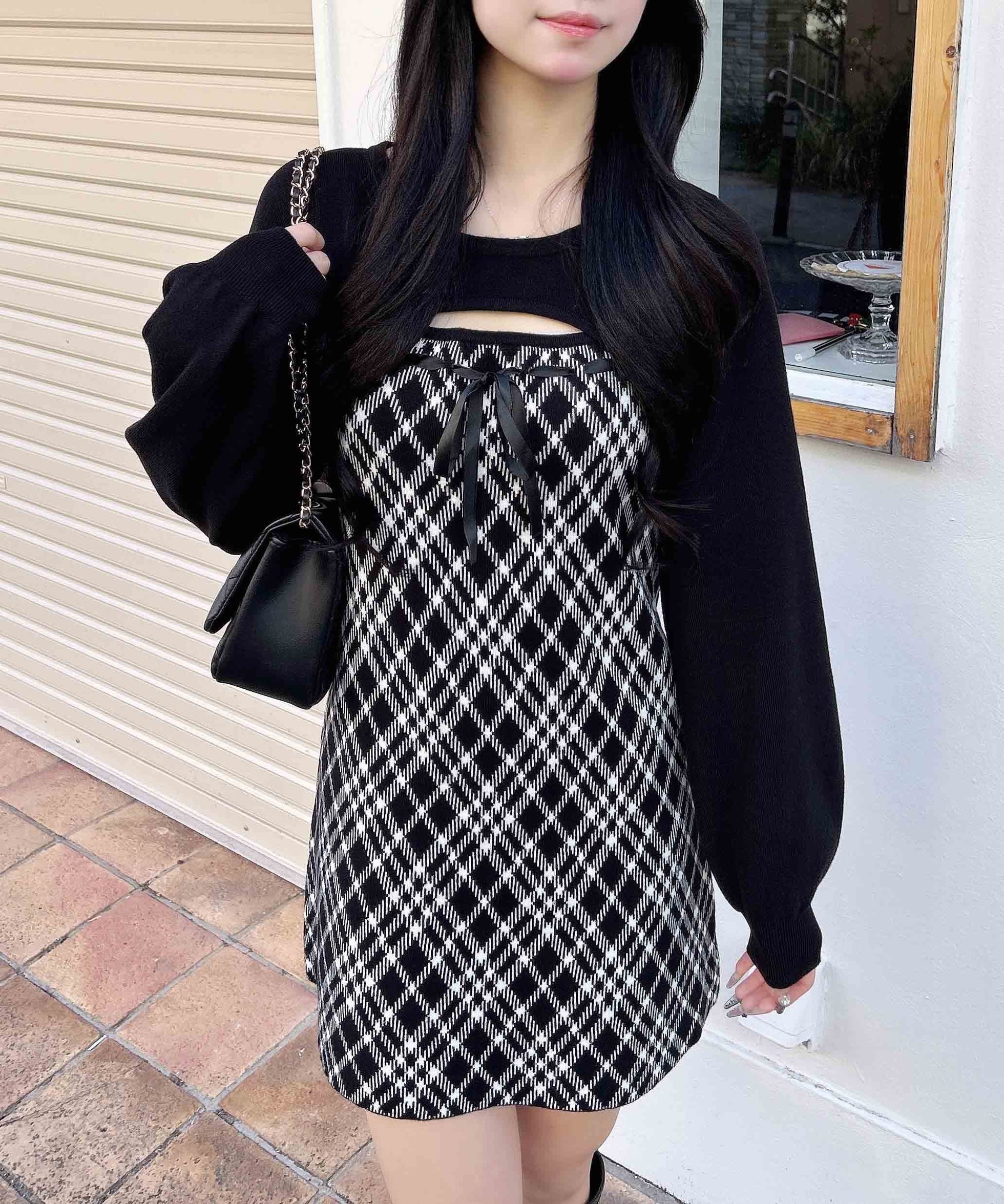 【イング/INGNI】のINGNI/12GデコルテオープンCK柄切替ニットOP 人気、トレンドファッション・服の通販 founy(ファニー) 　ファッション　Fashion　レディースファッション　Fashion for Women　トップス・カットソー　Cut & Sew Tops　ニット　Knit Tops & Sweaters　切替　Switching, Contrast Panel　スマホ　Smartphone, Mobile Device　チェック　Check, Plaid, Tartan　デコルテ　Décolleté, Neckline　トレンド　Trend, Trending Now　フィット　Fit, Slim Fit　リボン　Ribbon, Bow　ロング　Long, Long-Length　冬　Winter / This Winter　おすすめ　Recommended / Our Picks　 other-1|ID: prp329100004781274 ipo3291000000034689077