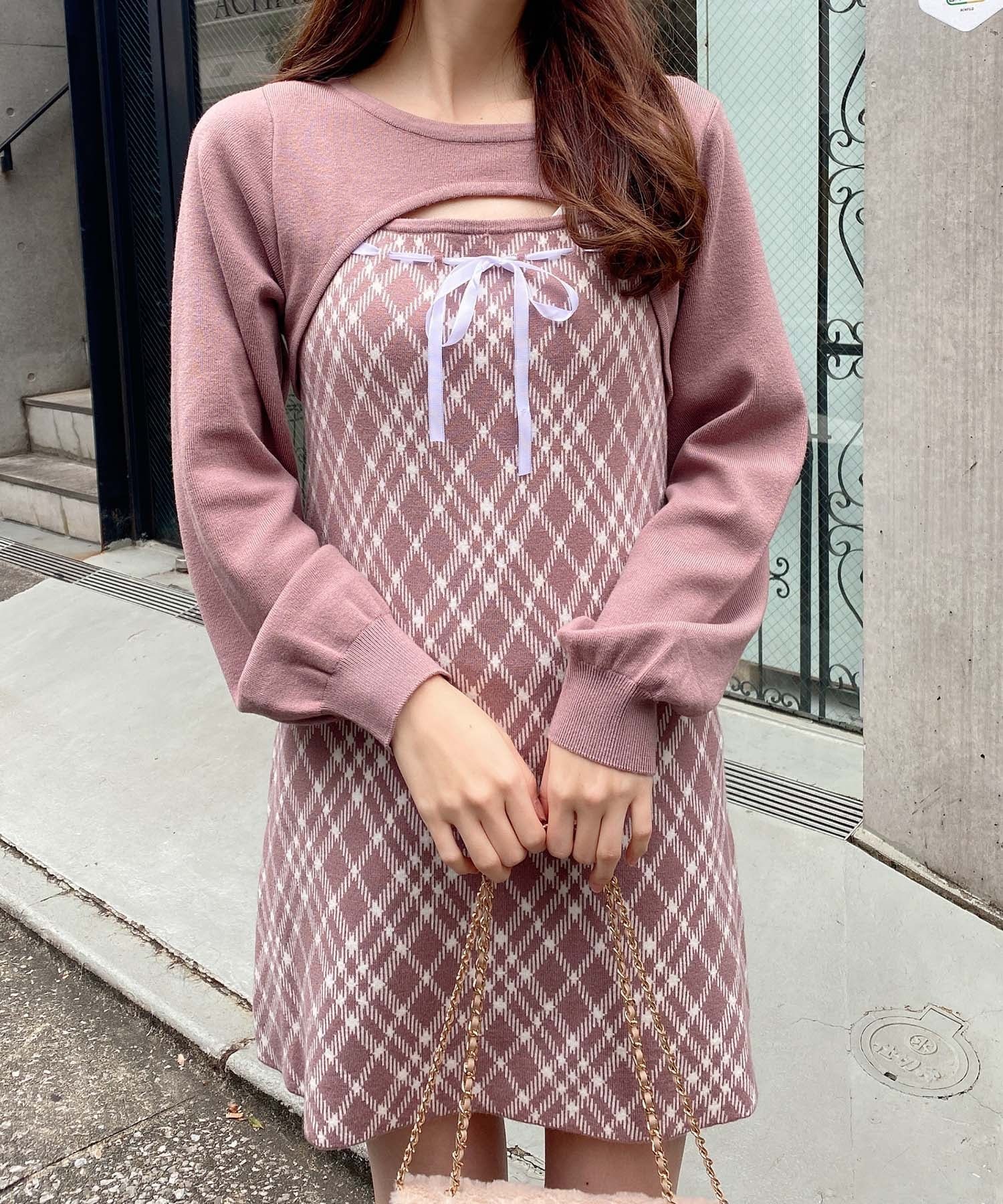 【イング/INGNI】のINGNI/12GデコルテオープンCK柄切替ニットOP インテリア・キッズ・メンズ・レディースファッション・服の通販 founy(ファニー) 　ファッション　Fashion　レディースファッション　Fashion for Women　トップス・カットソー　Cut & Sew Tops　ニット　Knit Tops & Sweaters　切替　Switching, Contrast Panel　スマホ　Smartphone, Mobile Device　チェック　Check, Plaid, Tartan　デコルテ　Décolleté, Neckline　トレンド　Trend, Trending Now　フィット　Fit, Slim Fit　リボン　Ribbon, Bow　ロング　Long, Long-Length　冬　Winter / This Winter　おすすめ　Recommended / Our Picks　モカピンクオフ/チェック|ID: prp329100004781274 ipo3291000000034689082