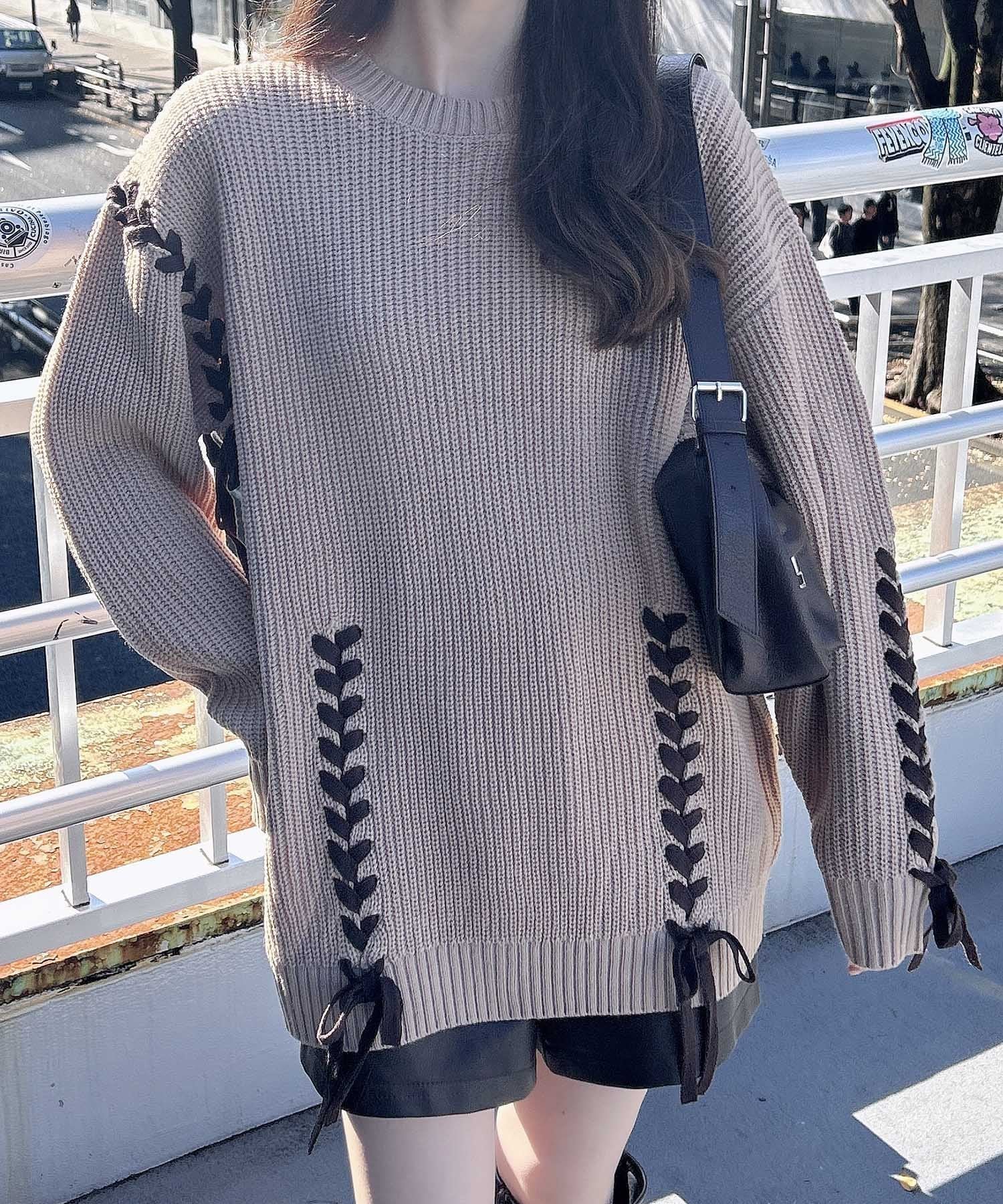 【イング/INGNI】のINGNI/7Gレースアップ畦チュニックニット インテリア・キッズ・メンズ・レディースファッション・服の通販 founy(ファニー) 　ファッション　Fashion　レディースファッション　Fashion for Women　トップス・カットソー　Cut & Sew Tops　ニット　Knit Tops & Sweaters　インナー　Innerwear　畦　Ribbed Knit　ショート　Short, Short Length　シンプル　Simple, Minimal　スマホ　Smartphone, Mobile Device　チュニック　Tunic, Long Top　デニム　Denim, Jeans Material　人気　Popular, Best Seller　レース　Lace, Lace Fabric　おすすめ　Recommended / Our Picks　ベージュ/ブラウン|ID: prp329100004781282 ipo3291000000034689119