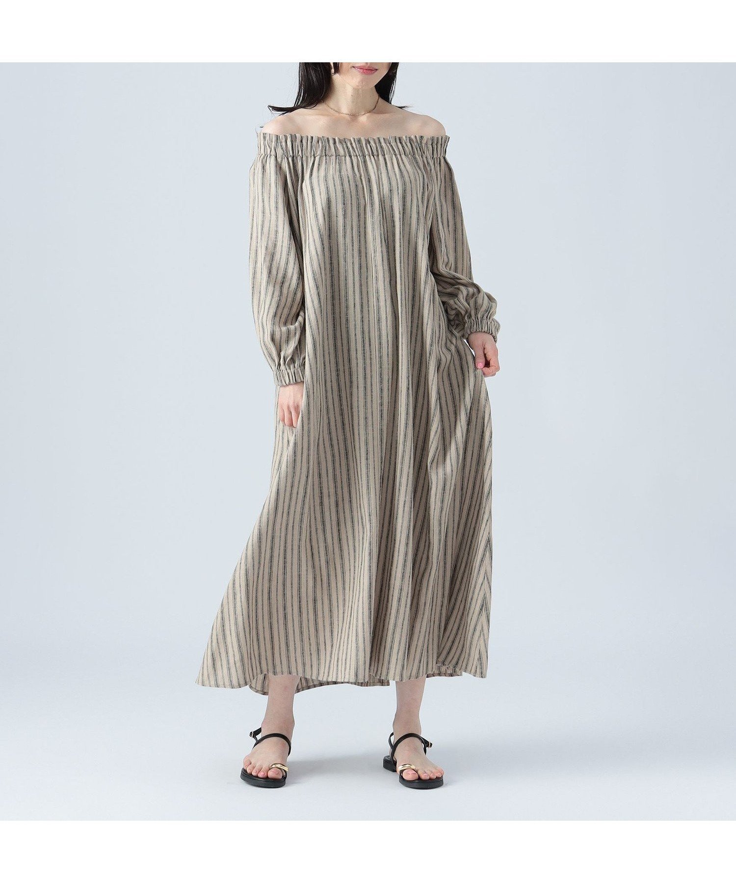 【ビームス ウイメン/BEAMS】のリネンミックス オフショルダーワンピース インテリア・キッズ・メンズ・レディースファッション・服の通販 founy(ファニー) 　ファッション　Fashion　レディースファッション　Fashion for Women　ワンピース　Dresses　オフショルダーワンピース・ドレス　Off-Shoulder Dresses / Bardot Style Dresses　おすすめ　Recommended / Our Picks　デニム　Denim, Jeans Material　フェミニン　Feminine, Girly　ミックス　Mix, Mixed Style　リネン　Linen, Linen Fabric　ロング　Long, Long-Length　夏　Summer　BEIGE STRIPE|ID: prp329100004781392 ipo3291000000035152966