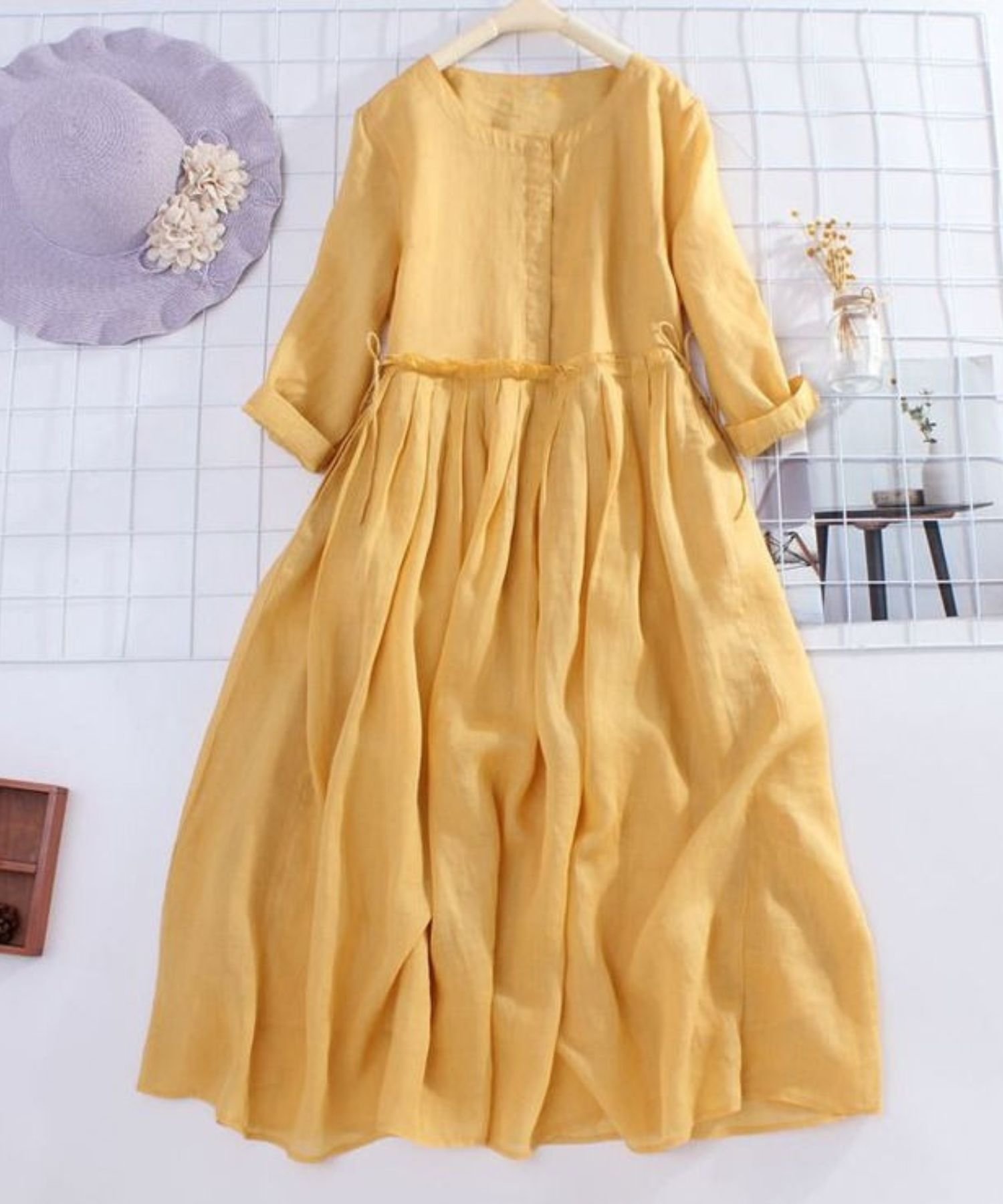 【スピーガ/SPIGA】のウエストタックギャザー七分袖ロングワンピース インテリア・キッズ・メンズ・レディースファッション・服の通販 founy(ファニー) 　ファッション　Fashion　レディースファッション　Fashion for Women　ワンピース　Dresses　ロング　Long, Long-Length　イエロー|ID: prp329100004781455 ipo3291000000034690367