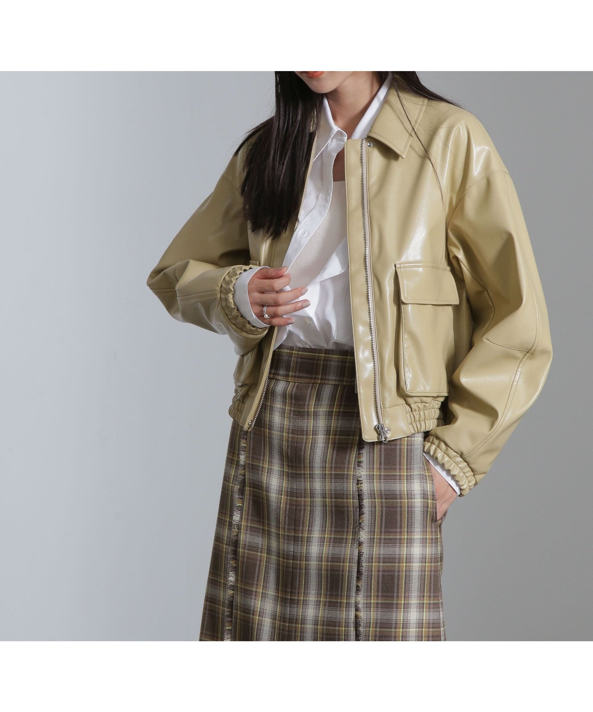 【ナノ ユニバース/nano universe】のフェイクレザーショートブルゾン(セットアップ可) インテリア・キッズ・メンズ・レディースファッション・服の通販 founy(ファニー) 　ファッション　Fashion　レディースファッション　Fashion for Women　アウター　Coat / Outerwear Collection　ブルゾンジャケット・スポーティアウター　Blouson Jackets　アクセサリー　Fashion Accessories　コレクション　Collection, Seasonal Line　コンパクト　Compact, Small Size　今季　This Season, Current Season　シャーリング　Shirring, Ruched　ショート　Short, Short Length　セットアップ　Set-Up, Coordinated Outfit　チェック　Check, Plaid, Tartan　トレンド　Trend, Trending Now　バランス　Balance, Style Balance　フェイクレザー　Faux Leather, PU Leather　フォルム　Silhouette, Form　ブルゾン　Blouson, Bomber Jacket　ポケット　Pocket, Pocket Detail　おすすめ　Recommended / Our Picks　2024年　2024　2024-2025秋冬・A/W　Autumn/Winter 2024–25 AW24–25　ベージュ|ID: prp329100004782052 ipo3291000000034697718