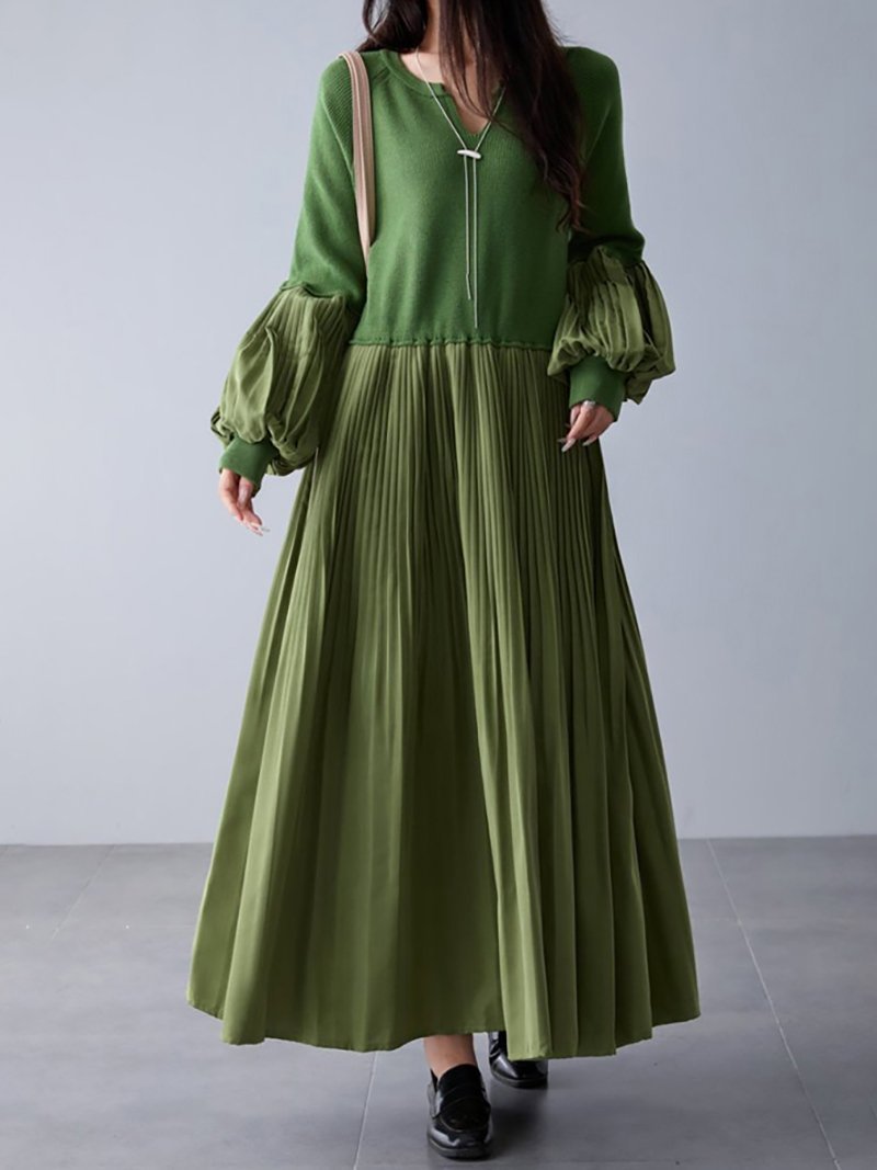 【ドゥーベル/Doux Belle】の異素材プリーツ切替ニットワンピース ワンピース レディース インテリア・キッズ・メンズ・レディースファッション・服の通販 founy(ファニー) ファッション Fashion レディースファッション Fashion for Women ワンピース Dresses ニットワンピース Knit Dresses スリット Slit, Slit Detail バルーン Balloon, Balloon Silhouette フィット Fit, Slim Fit フェミニン Feminine, Girly プリーツ Pleats, Pleated ロング Long, Long-Length 冬 Winter / This Winter 切替 Switching, Contrast Panel 秋 Autumn グリーン|ID: prp329100004782105 ipo3291000000034924321