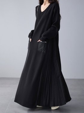 【ドゥーベル/Doux Belle】の異素材プリーツ切替ワンピース ワンピース レディース 人気、トレンドファッション・服の通販 founy(ファニー) ファッション Fashion レディースファッション Fashion for Women ワンピース Dresses プリーツ Pleats, Pleated ポケット Pocket, Pocket Detail リラックス Relax, Relaxed Fit ロング Long, Long-Length 冬 Winter / This Winter 切替 Switching, Contrast Panel 秋 Autumn 長袖 Long Sleeve, Full Sleeve |ID:prp329100004782106