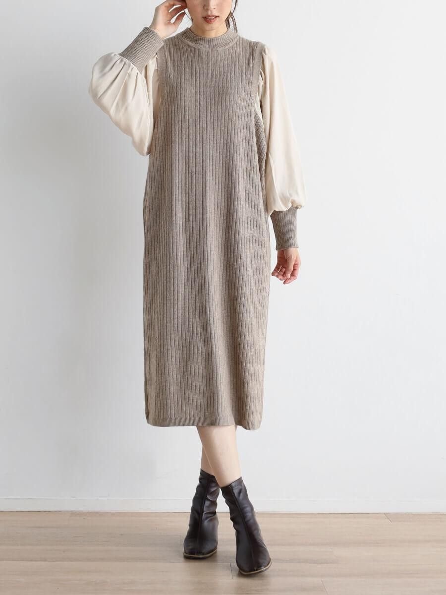 【ラシュッド/LASUD】のボリュームスリーブリブニットワンピース 人気、トレンドファッション・服の通販 founy(ファニー) 　ファッション　Fashion　レディースファッション　Fashion for Women　ワンピース　Dresses　ニットワンピース　Knit Dresses　おすすめ　Recommended / Our Picks　シンプル　Simple, Minimal　スリット　Slit, Slit Detail　リブニット　Rib Knit, Ribbed Knit　ロング　Long, Long-Length　エレガント 上品　Elegant　 other-1|ID: prp329100004783249 ipo3291000000034938733