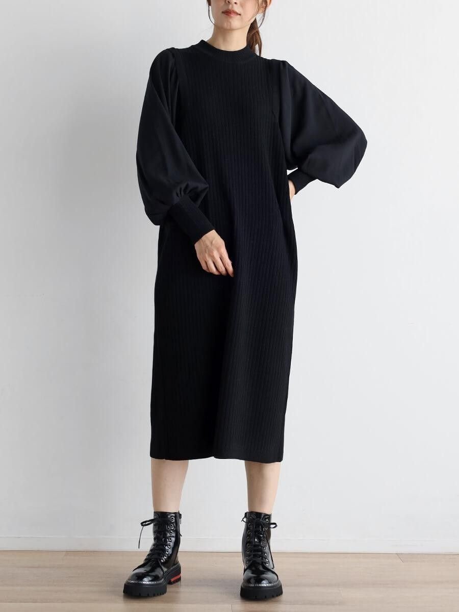 【ラシュッド/LASUD】のボリュームスリーブリブニットワンピース インテリア・キッズ・メンズ・レディースファッション・服の通販 founy(ファニー) 　ファッション　Fashion　レディースファッション　Fashion for Women　ワンピース　Dresses　ニットワンピース　Knit Dresses　おすすめ　Recommended / Our Picks　シンプル　Simple, Minimal　スリット　Slit, Slit Detail　リブニット　Rib Knit, Ribbed Knit　ロング　Long, Long-Length　エレガント 上品　Elegant　ブラック|ID: prp329100004783249 ipo3291000000034938736