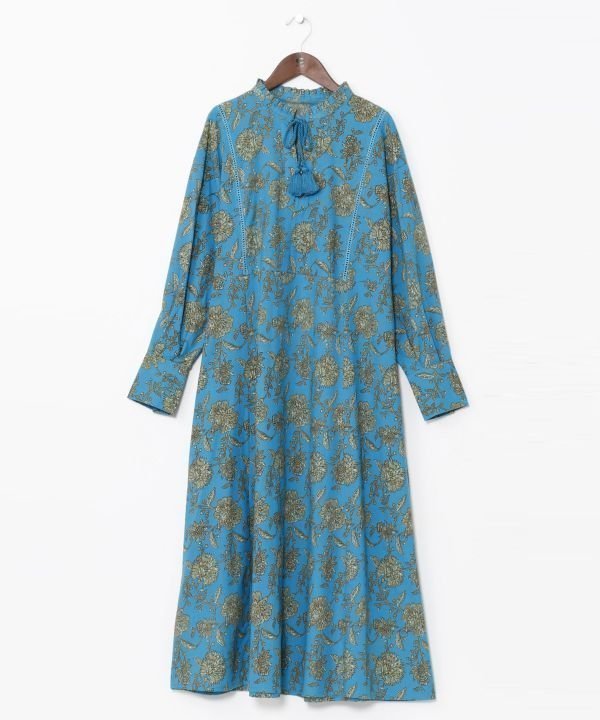 【アミナコレクション/Amina Collection】の【チャイハネ】アログレワンピース インテリア・キッズ・メンズ・レディースファッション・服の通販 founy(ファニー) 　ファッション　Fashion　レディースファッション　Fashion for Women　ワンピース　Dresses　インド　Indian Textile　フリル　Frill, Ruffle　ブロック　Block, Solid Block Pattern　プリント　Print, Printed Pattern　プリーツ　Pleats, Pleated　ポケット　Pocket, Pocket Detail　レース　Lace, Lace Fabric　ターコイズブルー|ID: prp329100004783316 ipo3291000000034982956