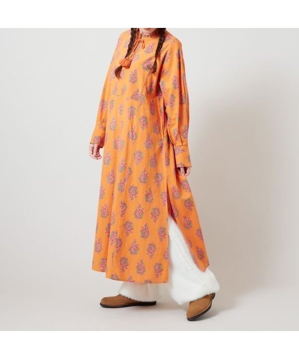 【アミナコレクション/Amina Collection】の【チャイハネ】アログレワンピース インテリア・キッズ・メンズ・レディースファッション・服の通販 founy(ファニー) 　ファッション　Fashion　レディースファッション　Fashion for Women　ワンピース　Dresses　インド　Indian Textile　フリル　Frill, Ruffle　ブロック　Block, Solid Block Pattern　プリント　Print, Printed Pattern　プリーツ　Pleats, Pleated　ポケット　Pocket, Pocket Detail　レース　Lace, Lace Fabric　オレンジ|ID: prp329100004783316 ipo3291000000034982963