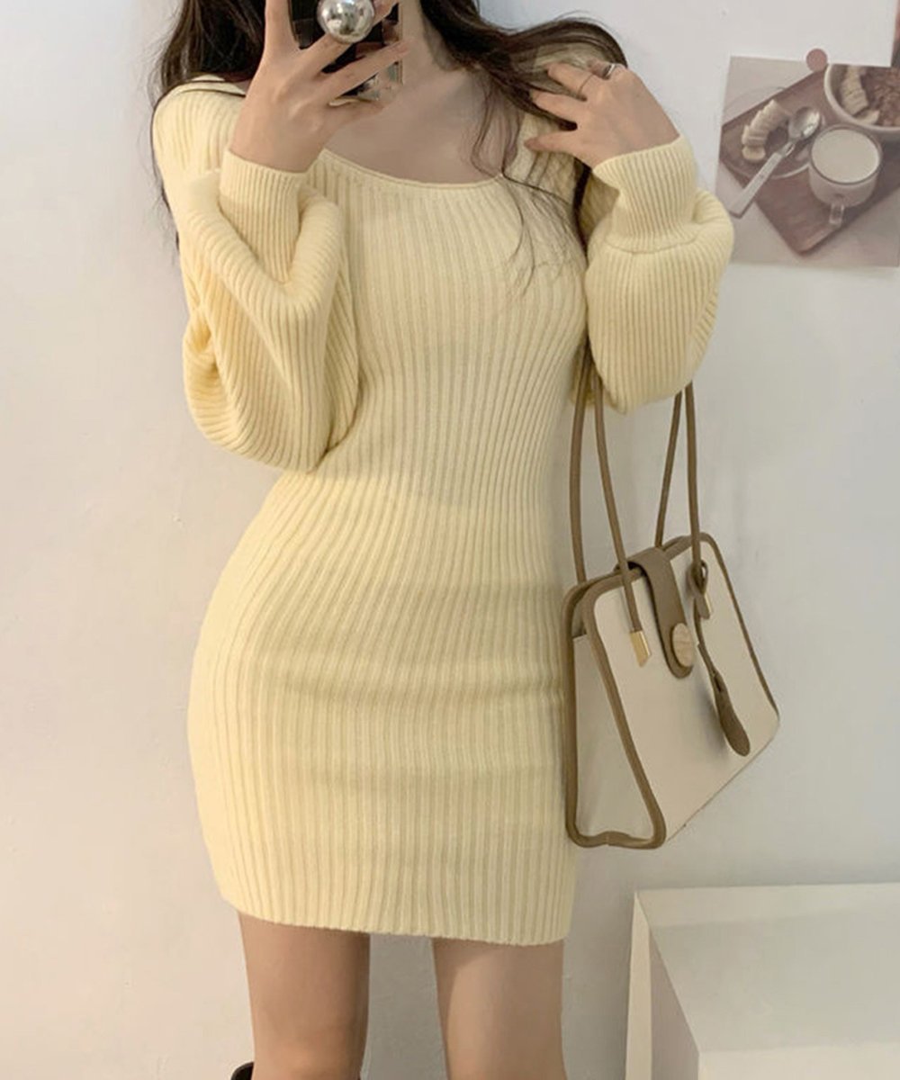【ミニミニストア/miniministore】のリブニットワンピース レディース 韓国風 インテリア・キッズ・メンズ・レディースファッション・服の通販 founy(ファニー) ファッション Fashion レディースファッション Fashion for Women ワンピース Dresses ニットワンピース Knit Dresses アクリル Acrylic Material ショート Short, Short Length スクエア Square, Square Shape デコルテ Décolleté, Neckline 長袖 Long Sleeve, Full Sleeve 無地 Plain, Solid Color ベージュ|ID: prp329100004783320 ipo3291000000034713497