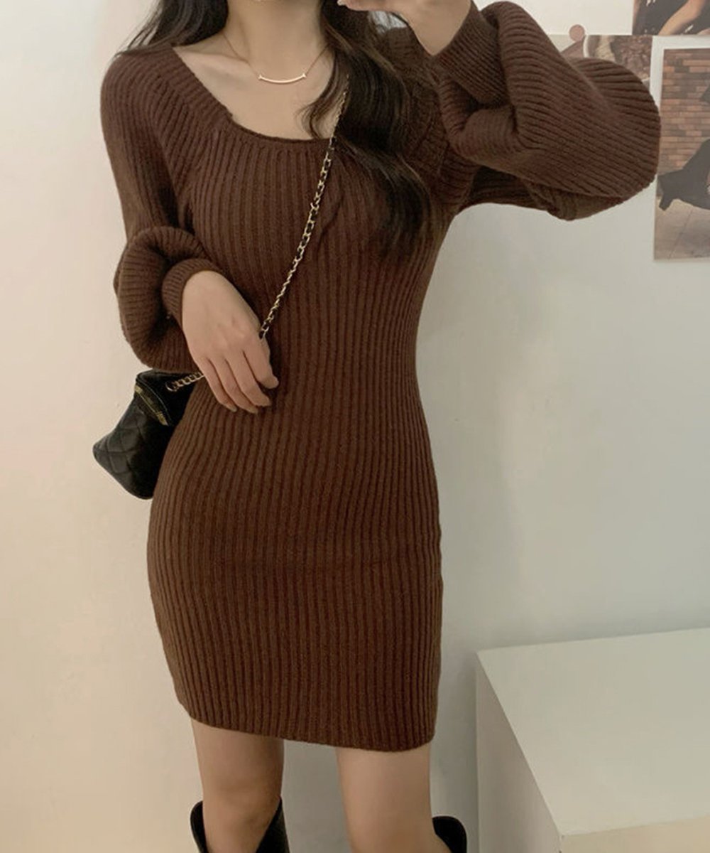 【ミニミニストア/miniministore】のリブニットワンピース レディース 韓国風 インテリア・キッズ・メンズ・レディースファッション・服の通販 founy(ファニー) ファッション Fashion レディースファッション Fashion for Women ワンピース Dresses ニットワンピース Knit Dresses アクリル Acrylic Material ショート Short, Short Length スクエア Square, Square Shape デコルテ Décolleté, Neckline 長袖 Long Sleeve, Full Sleeve 無地 Plain, Solid Color ブラウン|ID: prp329100004783320 ipo3291000000034713498