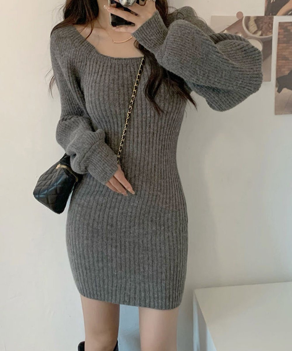 【ミニミニストア/miniministore】のリブニットワンピース レディース 韓国風 インテリア・キッズ・メンズ・レディースファッション・服の通販 founy(ファニー) ファッション Fashion レディースファッション Fashion for Women ワンピース Dresses ニットワンピース Knit Dresses アクリル Acrylic Material ショート Short, Short Length スクエア Square, Square Shape デコルテ Décolleté, Neckline 長袖 Long Sleeve, Full Sleeve 無地 Plain, Solid Color グレー|ID: prp329100004783320 ipo3291000000034713500