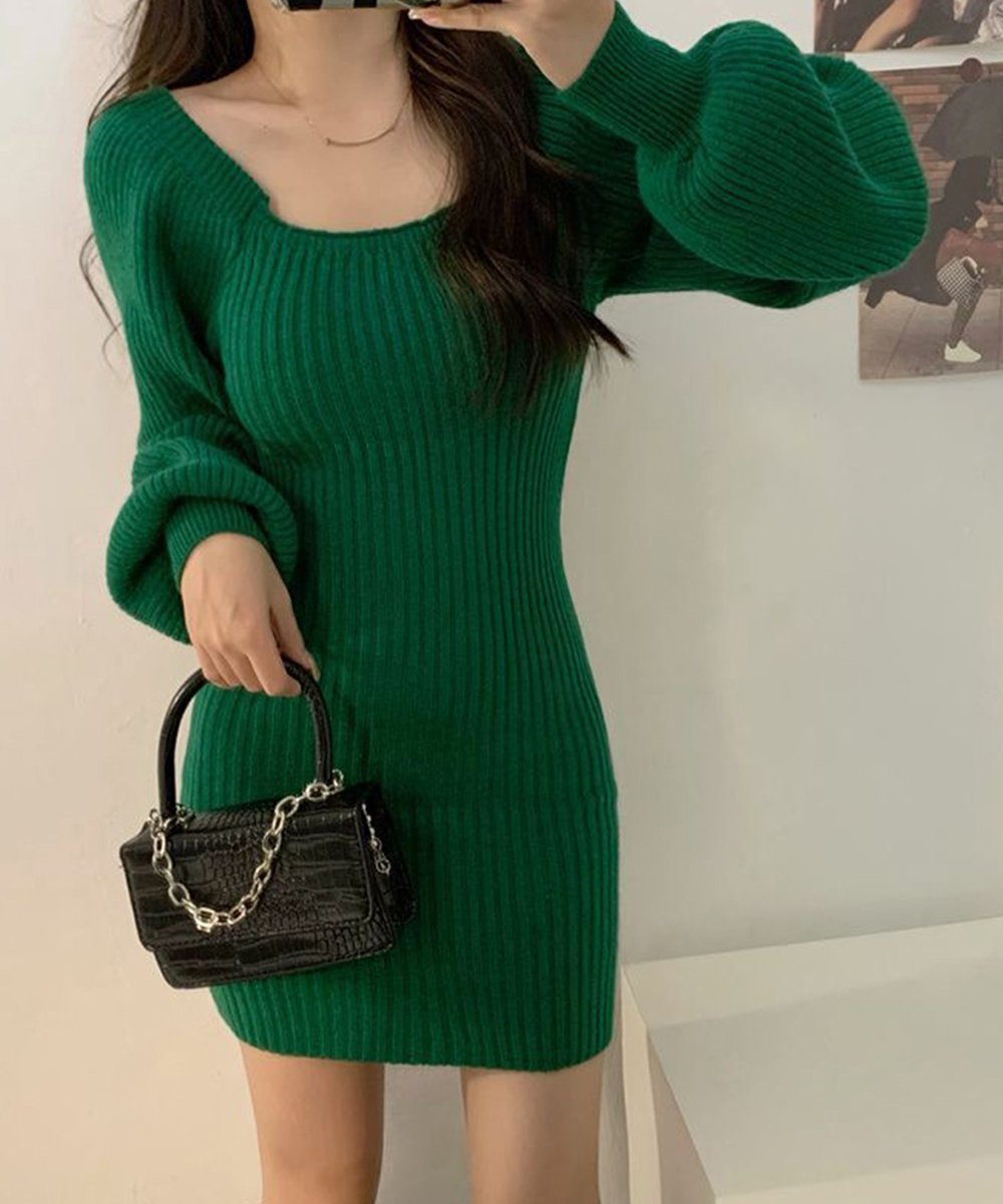【ミニミニストア/miniministore】のリブニットワンピース レディース 韓国風 インテリア・キッズ・メンズ・レディースファッション・服の通販 founy(ファニー) ファッション Fashion レディースファッション Fashion for Women ワンピース Dresses ニットワンピース Knit Dresses アクリル Acrylic Material ショート Short, Short Length スクエア Square, Square Shape デコルテ Décolleté, Neckline 長袖 Long Sleeve, Full Sleeve 無地 Plain, Solid Color グリーン|ID: prp329100004783320 ipo3291000000034713502