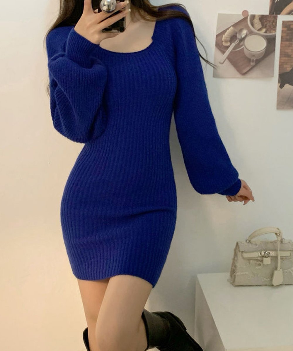 【ミニミニストア/miniministore】のリブニットワンピース レディース 韓国風 インテリア・キッズ・メンズ・レディースファッション・服の通販 founy(ファニー) ファッション Fashion レディースファッション Fashion for Women ワンピース Dresses ニットワンピース Knit Dresses アクリル Acrylic Material ショート Short, Short Length スクエア Square, Square Shape デコルテ Décolleté, Neckline 長袖 Long Sleeve, Full Sleeve 無地 Plain, Solid Color ロイヤルブルー|ID: prp329100004783320 ipo3291000000034713504