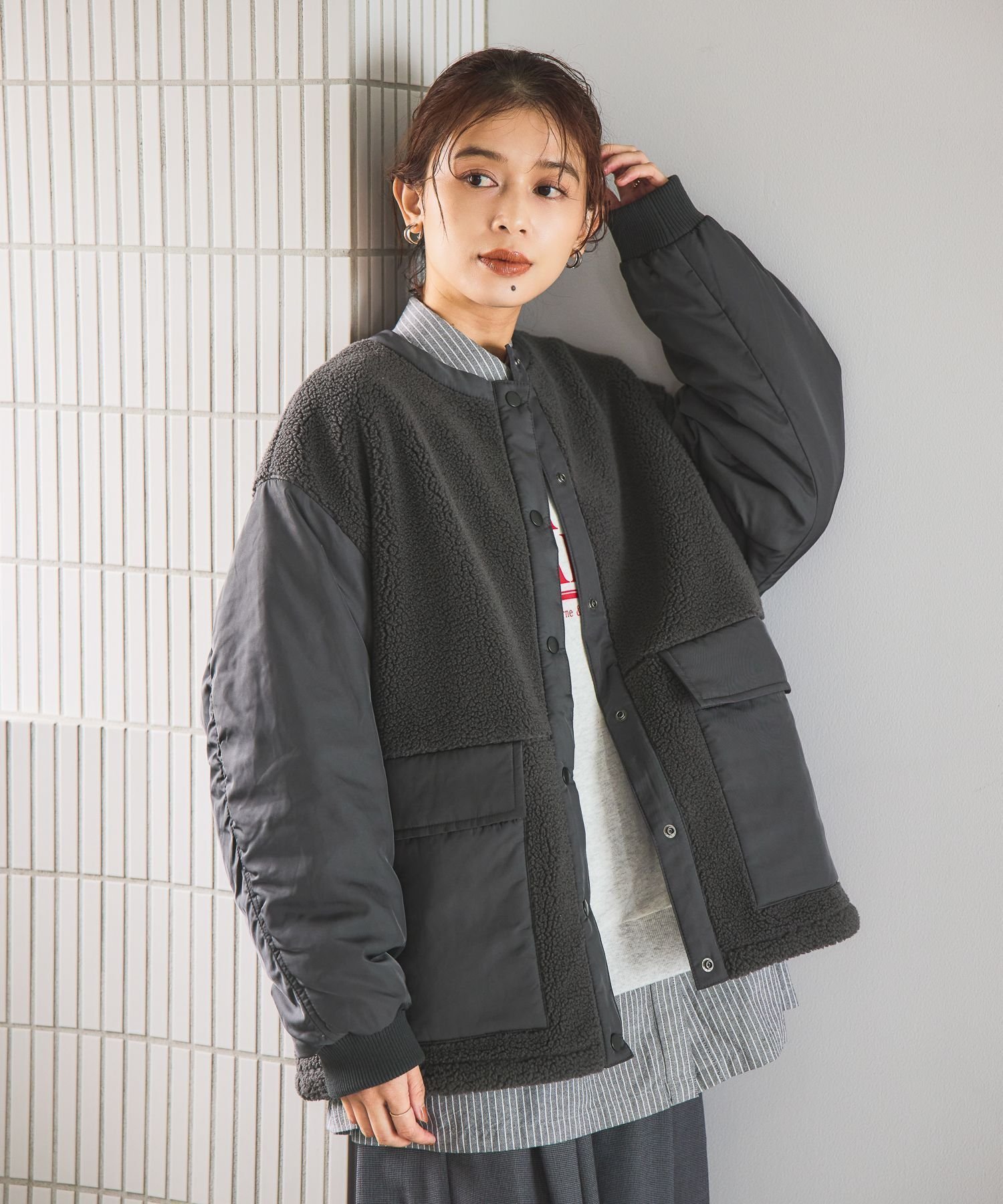 【スタディオ クリップ/studio CLIP】の【マシンウォッシャブル】ノーカラー切り替えボアブルゾン インテリア・キッズ・メンズ・レディースファッション・服の通販 founy(ファニー) ファッション Fashion レディースファッション Fashion for Women アウター Coat / Outerwear Collection ブルゾンジャケット・スポーティアウター Blouson Jackets ストレート Straight, Straight Cut タフタ Taffeta, Structured Fabric デニム Denim, Jeans Material バランス Balance, Style Balance ブルゾン Blouson, Bomber Jacket 洗える Machine Washable チャコール18|ID: prp329100004783612 ipo3291000000034914918