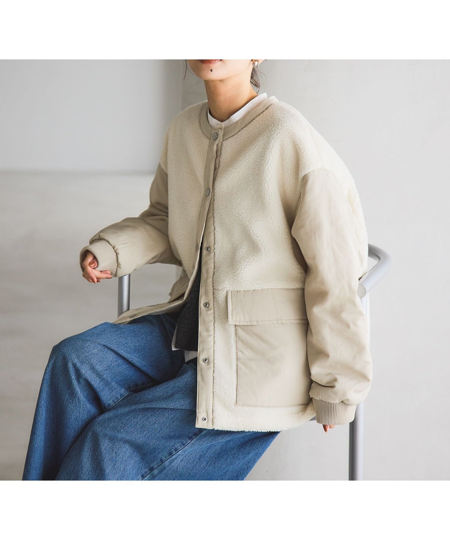 【スタディオ クリップ/studio CLIP】の【マシンウォッシャブル】ノーカラー切り替えボアブルゾン インテリア・キッズ・メンズ・レディースファッション・服の通販 founy(ファニー) ファッション Fashion レディースファッション Fashion for Women アウター Coat / Outerwear Collection ブルゾンジャケット・スポーティアウター Blouson Jackets ストレート Straight, Straight Cut タフタ Taffeta, Structured Fabric デニム Denim, Jeans Material バランス Balance, Style Balance ブルゾン Blouson, Bomber Jacket 洗える Machine Washable アイボリー52|ID: prp329100004783612 ipo3291000000034914919