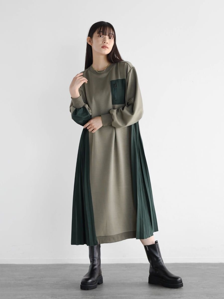 【ラシュッド/LASUD】のプリーツドッキングワンピース インテリア・キッズ・メンズ・レディースファッション・服の通販 founy(ファニー) ファッション Fashion レディースファッション Fashion for Women ワンピース Dresses スニーカー Sneakers, Trainers ドッキング Docking, Mixed Material フロント Front, Front Design プリーツ Pleats, Pleated ポケット Pocket, Pocket Detail カーキ|ID: prp329100004783721 ipo3291000000034929108