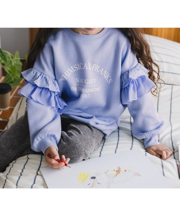 【グローバルワーク/GLOBAL WORK / KIDS】のあったか乾きやすいフリルスウェット/キッズ/608330 インテリア・キッズ・メンズ・レディースファッション・服の通販 founy(ファニー) https://founy.com/ ファッション Fashion キッズファッション Fashion for Kids おすすめ Recommended / Our Picks スウェット / スエット Sweatshirt, Sweatwear デニム Denim, Jeans Material フェミニン Feminine, Girly フリル Frill, Ruffle プリント Print, Printed Pattern |ID: prp329100004783913 ipo3291000000035117977