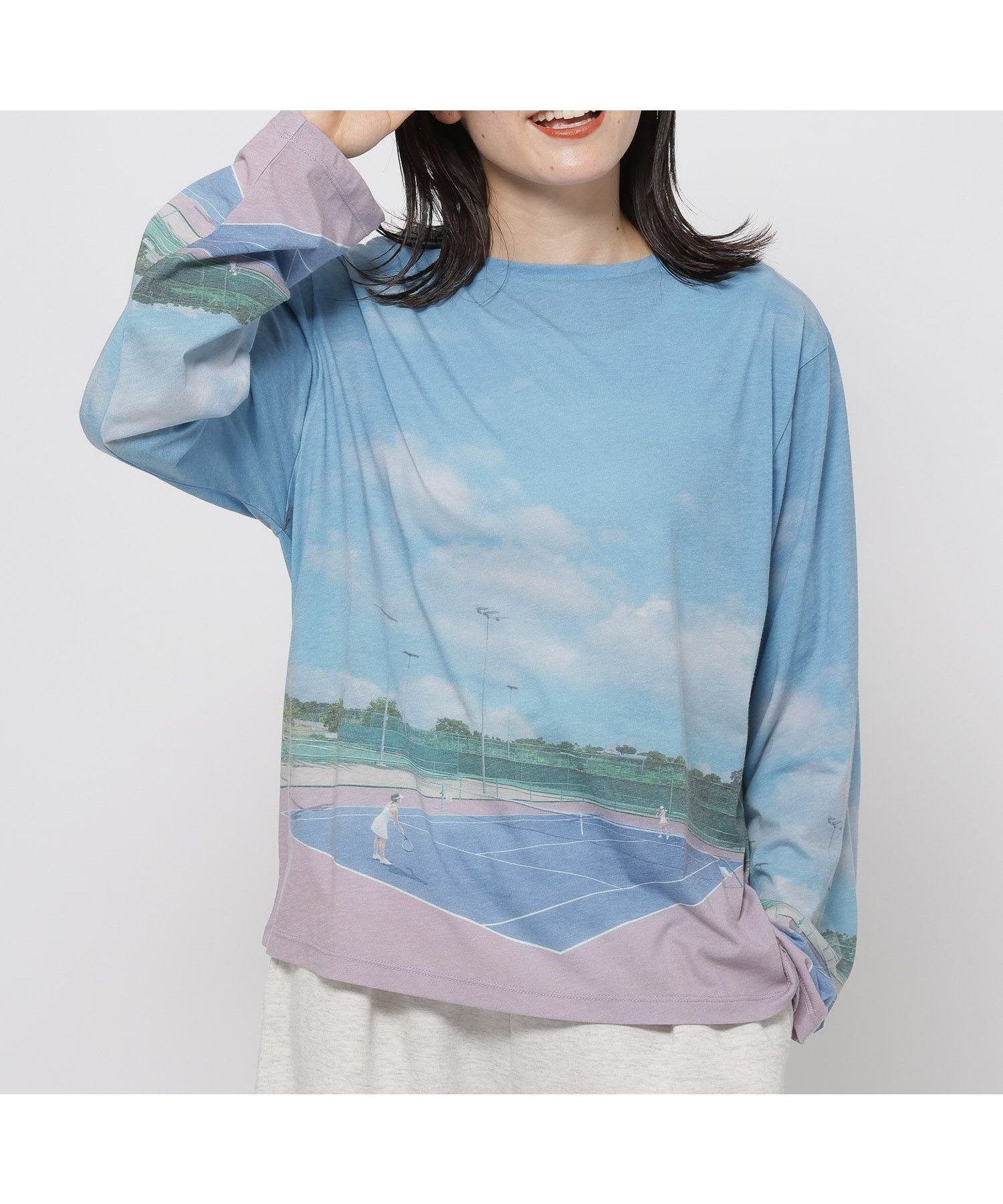 【ニコアンド/niko and】のランドスケープロングTシャツ インテリア・キッズ・メンズ・レディースファッション・服の通販 founy(ファニー) ファッション Fashion レディースファッション Fashion for Women トップス・カットソー Cut & Sew Tops シャツ・ブラウス・オフィスカジュアル Elegant Blouses & Button-Ups ロングTシャツ・Tシャツ Longline T-Shirts & Tees おすすめ Recommended / Our Picks キャミ Camisole, Cami Top グラフィック Graphic, Graphic Design シアー Sheer, See-Through シンプル Simple, Minimal ベスト Vest, Waistcoat リラックス Relax, Relaxed Fit エレガント 上品 Elegant 吸水 Absorbent, Quick-Dry ブルー系|ID: prp329100004784345 ipo3291000000034890022