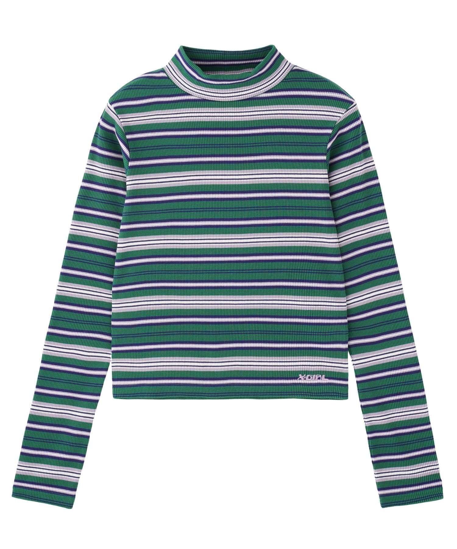 【エックスガール/X-girl】のSTRIPED HIGH NECK TOP インテリア・キッズ・メンズ・レディースファッション・服の通販 founy(ファニー) ファッション Fashion レディースファッション Fashion for Women ワンピース Dresses コンパクト Compact, Small Size ショート Short, Short Length テレコ Ribbed, Rib Stitch 長袖 Long Sleeve, Full Sleeve ハイネック High Neck, Mock Neck ボーダー Border, Stripe ミニスカート Mini Skirt, Short Skirt ロング Long, Long-Length ワンポイント One Point, Statement Accent おすすめ Recommended / Our Picks GREEN|ID: prp329100004784361 ipo3291000000034891725