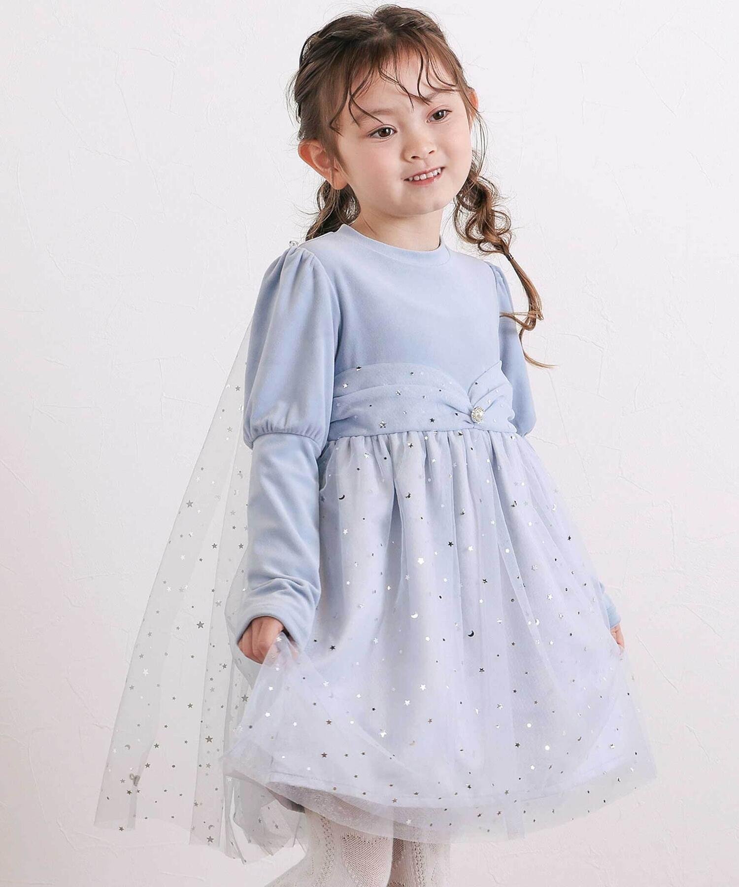 【ベベ オンライン ストア/BEBE ONLINE STORE / KIDS】のきらめく星のチュールマントつきベロアワンピース(80~130cm) インテリア・キッズ・メンズ・レディースファッション・服の通販 founy(ファニー) 　ファッション　Fashion　キッズファッション　Fashion for Kids　ワンピース　Dresses　秋　Autumn　チェック　Check, Plaid, Tartan　チュール　Tulip, Tulip Motif　ドレス　Dress, One-Piece　なめらか　Smooth, Silky Texture　ビジュー　Bijou, Jewel-like Accent　フェミニン　Feminine, Girly　フレンチ　French, French Style　ブローチ　Brooch, Pin Brooch　ベロア　Velour, Soft Velvet　ミックス　Mix, Mixed Style　モチーフ　Motif, Design Theme　無地　Plain, Solid Color　A/W・秋冬　Autumn/Winter　おすすめ　Recommended / Our Picks　お家時間・ステイホーム　Stay Home / At Home　エレガント 上品　Elegant　クリスマス X'mas　Christmas / X'mas　2025年　2025　2025-2026秋冬・A/W　Autumn/Winter 2025–26 AW25–26　ブルー|ID: prp329100004784405 ipo3291000000034878615