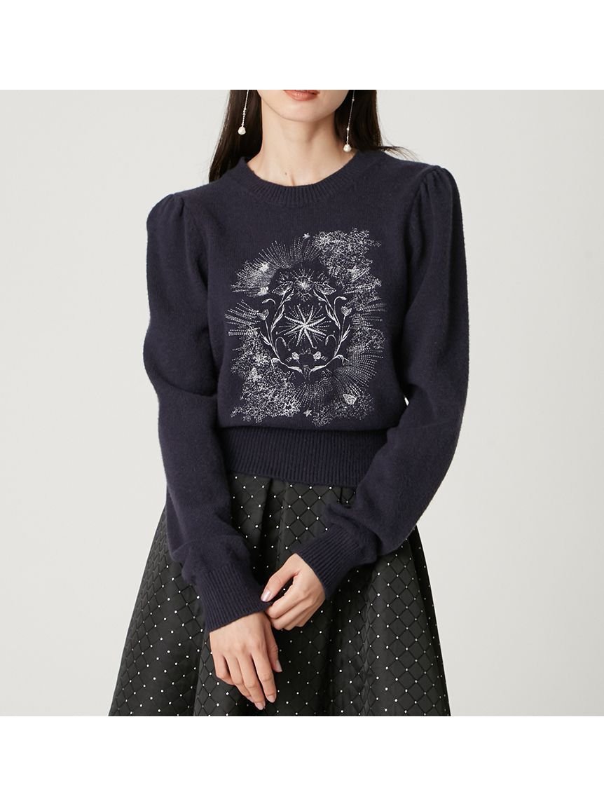 【フレイ アイディー/FRAY I.D】のエトワールエンブロイダリーニット インテリア・キッズ・メンズ・レディースファッション・服の通販 founy(ファニー) 　ファッション　Fashion　レディースファッション　Fashion for Women　トップス・カットソー　Cut & Sew Tops　ニット　Knit Tops & Sweaters　ギャザー　Gathered, Ruffled　コンパクト　Compact, Small Size　シルバー　Silver, Metallic Silver　シンプル　Simple, Minimal　スペシャル　Special, Limited Edition　スマート　Smart, Elegant　スリーブ　Sleeve, Long Sleeve / Short Sleeve　モチーフ　Motif, Design Theme　NVY[089]|ID: prp329100004784477 ipo3291000000034731812