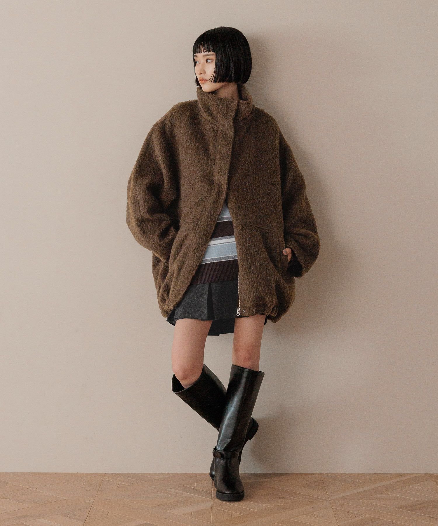 【ローリーズファーム/LOWRYS FARM】のシャギースタンドコート インテリア・キッズ・メンズ・レディースファッション・服の通販 founy(ファニー) 　ファッション　Fashion　レディースファッション　Fashion for Women　アウター　Coat / Outerwear Collection　コート・ロングコート・ピーコート　Long Coats, Peacoats & More　おすすめ　Recommended / Our Picks　エアリー　Airy Texture　スウェット / スエット　Sweatshirt, Sweatwear　スタンド　Stand Collar, Upright Stand　フェザー　Feather, Feather Detail　エレガント 上品　Elegant　ブラウン58|ID: prp329100004784997 ipo3291000000034891630