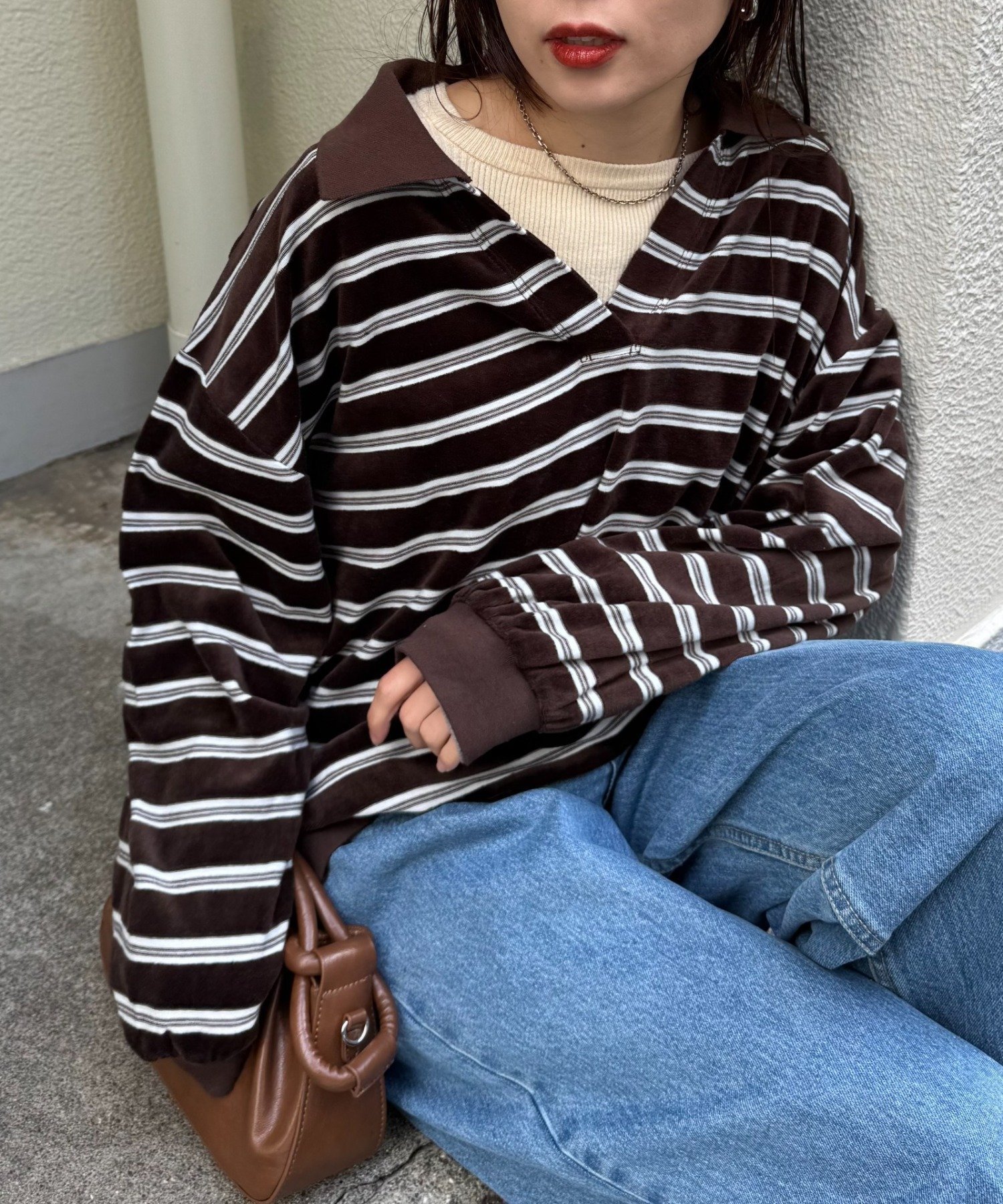 【チャオパニックティピー/CIAOPANIC TYPY】のベロアボーダースキッパーポロトップス 人気、トレンドファッション・服の通販 founy(ファニー) 　ファッション　Fashion　レディースファッション　Fashion for Women　トップス・カットソー　Cut & Sew Tops　ベロアトップス　Velour Tops / Velvet-Look Items　ショート　Short, Short Length　スキッパー　Skipper, Open Collar　スリット　Slit, Slit Detail　デニム　Denim, Jeans Material　トレンド　Trend, Trending Now　バランス　Balance, Style Balance　ベロア　Velour, Soft Velvet　ボーダー　Border, Stripe　ランダム　Random, Irregular　リラックス　Relax, Relaxed Fit　ロング　Long, Long-Length　ワイド　Wide, Wide Fit　A/W・秋冬　Autumn/Winter　おすすめ　Recommended / Our Picks　 other-1|ID: prp329100004785210 ipo3291000000034933010