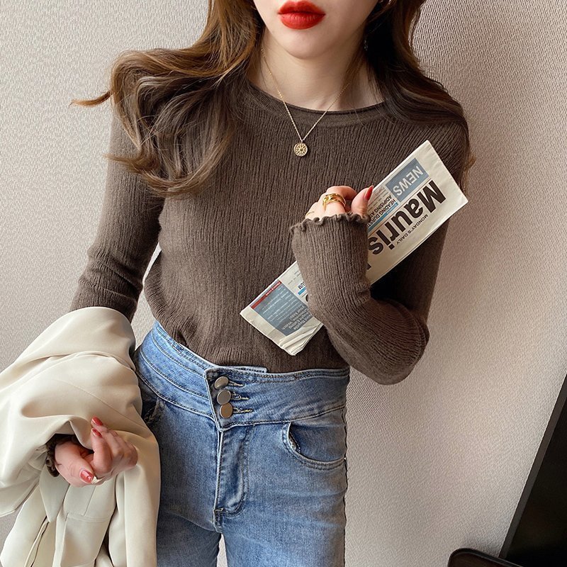 【ココモモ/COCOMOMO】のクルーネック カットソー メロウフリル ストレッチ トップス 長袖 プルオーバー インテリア・キッズ・メンズ・レディースファッション・服の通販 founy(ファニー) 　ファッション　Fashion　レディースファッション　Fashion for Women　トップス・カットソー　Cut & Sew Tops　カジュアルプルオーバー・ニットトップス　Pullovers & Knit Tops / Casual Pullovers　カットソー・ベーシックTシャツ　Cut-and-Sewn Tops / Stretch Tees & Basics　イエロー　Yellow　インナー　Innerwear　オレンジ　Orange　カットソー　Cut and Sewn Top　キャミワンピース　Cami Dress, Slip Dress　シンプル　Simple, Minimal　ストレッチ　Stretch, Stretchy Fabric　フィット　Fit, Slim Fit　長袖　Long Sleeve, Full Sleeve　ブラウン|ID: prp329100004785307 ipo3291000000034890035