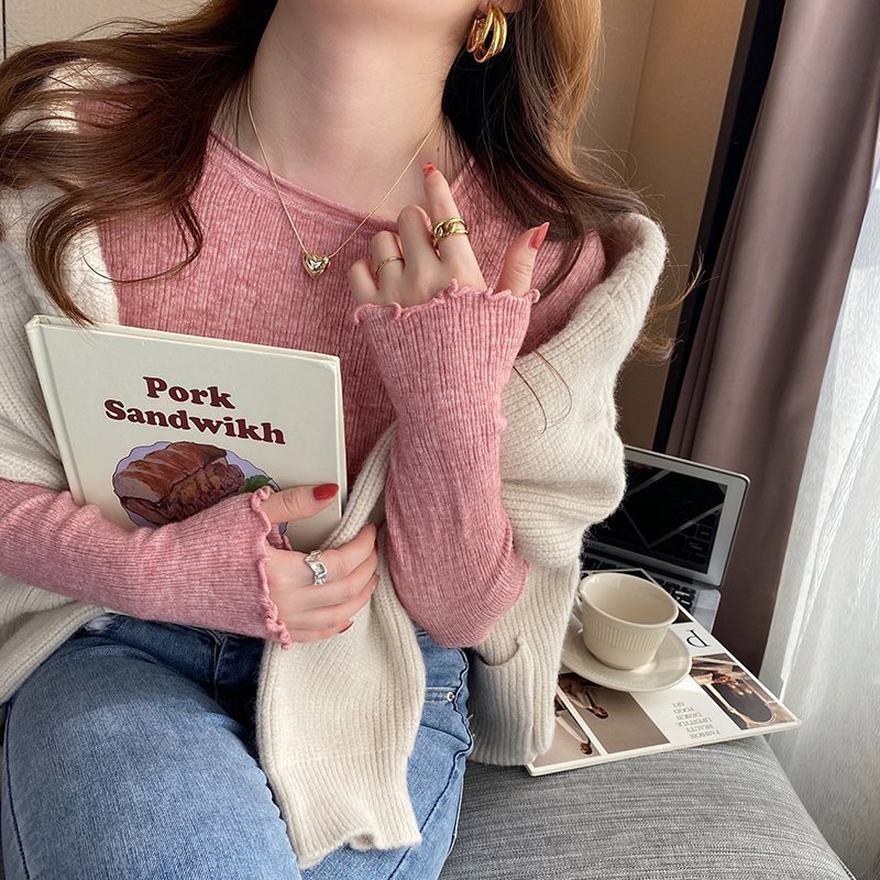 【ココモモ/COCOMOMO】のクルーネック カットソー メロウフリル ストレッチ トップス 長袖 プルオーバー インテリア・キッズ・メンズ・レディースファッション・服の通販 founy(ファニー) 　ファッション　Fashion　レディースファッション　Fashion for Women　トップス・カットソー　Cut & Sew Tops　カジュアルプルオーバー・ニットトップス　Pullovers & Knit Tops / Casual Pullovers　カットソー・ベーシックTシャツ　Cut-and-Sewn Tops / Stretch Tees & Basics　イエロー　Yellow　インナー　Innerwear　オレンジ　Orange　カットソー　Cut and Sewn Top　キャミワンピース　Cami Dress, Slip Dress　シンプル　Simple, Minimal　ストレッチ　Stretch, Stretchy Fabric　フィット　Fit, Slim Fit　長袖　Long Sleeve, Full Sleeve　ピンク|ID: prp329100004785307 ipo3291000000034890042