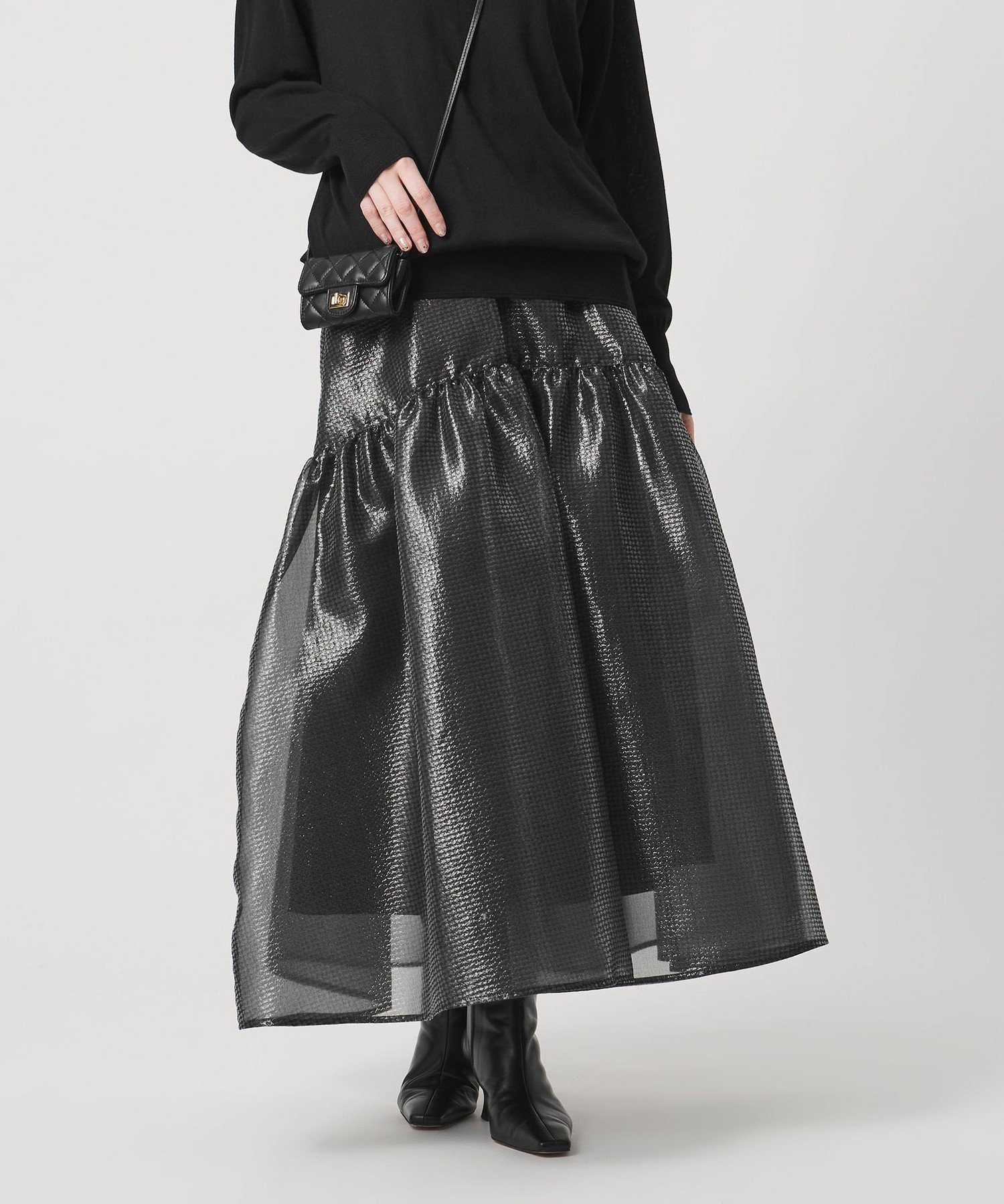 【ユナイテッドアローズ/UNITED ARROWS】のスケルトン シャイン ジャガード スカート -ウォッシャブル- インテリア・キッズ・メンズ・レディースファッション・服の通販 founy(ファニー) 　ファッション　Fashion　レディースファッション　Fashion for Women　スカート　Skirts　ウォッシャブル　Machine Washable　カットソー　Cut and Sewn Top　切替　Switching, Contrast Panel　バランス　Balance, Style Balance　フィット　Fit, Slim Fit　メタリック　Metallic, Shiny Finish　ヨーク　Yoke, Yoke Design　おすすめ　Recommended / Our Picks　BLACK|ID: prp329100004785367 ipo3291000000034869422