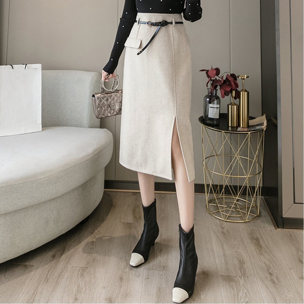 【ミニミニストア/miniministore】のウールライク タイトスカート 韓国 秋冬 インテリア・キッズ・メンズ・レディースファッション・服の通販 founy(ファニー) 　ファッション　Fashion　レディースファッション　Fashion for Women　スカート　Skirts　コンパクト　Compact, Small Size　スリット　Slit, Slit Detail　タイトスカート　Pencil Skirt, Tight Skirt　フィット　Fit, Slim Fit　フロント　Front, Front Design　ロング　Long, Long-Length　エレガント 上品　Elegant　A/W・秋冬　Autumn/Winter　アイボリー|ID: prp329100004785395 ipo3291000000034905047