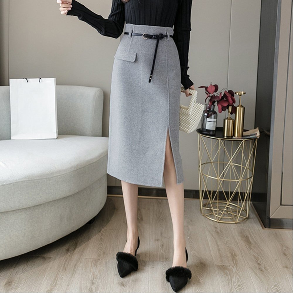 【ミニミニストア/miniministore】のウールライク タイトスカート 韓国 秋冬 インテリア・キッズ・メンズ・レディースファッション・服の通販 founy(ファニー) 　ファッション　Fashion　レディースファッション　Fashion for Women　スカート　Skirts　コンパクト　Compact, Small Size　スリット　Slit, Slit Detail　タイトスカート　Pencil Skirt, Tight Skirt　フィット　Fit, Slim Fit　フロント　Front, Front Design　ロング　Long, Long-Length　エレガント 上品　Elegant　A/W・秋冬　Autumn/Winter　ライトグレー|ID: prp329100004785395 ipo3291000000034905048