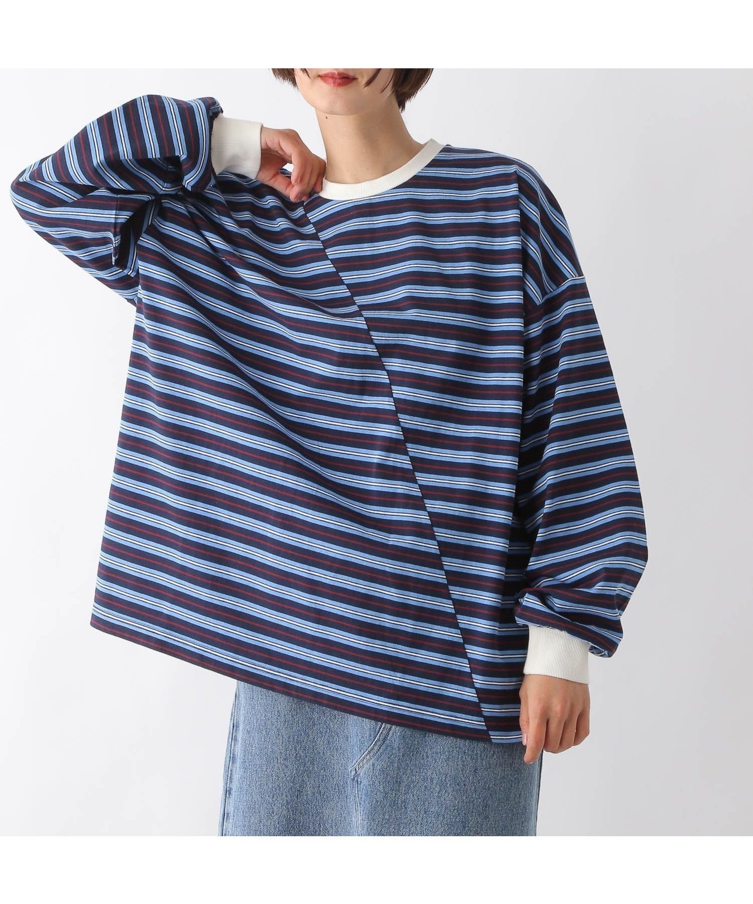 【レプシィム ローリーズファーム/LEPSIM LOWRYS FARM】のクレイジーマルチボーダーロンT インテリア・キッズ・メンズ・レディースファッション・服の通販 founy(ファニー) 　ファッション　Fashion　レディースファッション　Fashion for Women　トップス・カットソー　Cut & Sew Tops　ロングTシャツ・Tシャツ　Longline T-Shirts & Tees　おすすめ　Recommended / Our Picks　アクセサリー　Fashion Accessories　デニム　Denim, Jeans Material　トレンド　Trend, Trending Now　フロント　Front, Front Design　ボーダー　Border, Stripe　リラックス　Relax, Relaxed Fit　ネイビー88|ID: prp329100004785467 ipo3291000000034801829