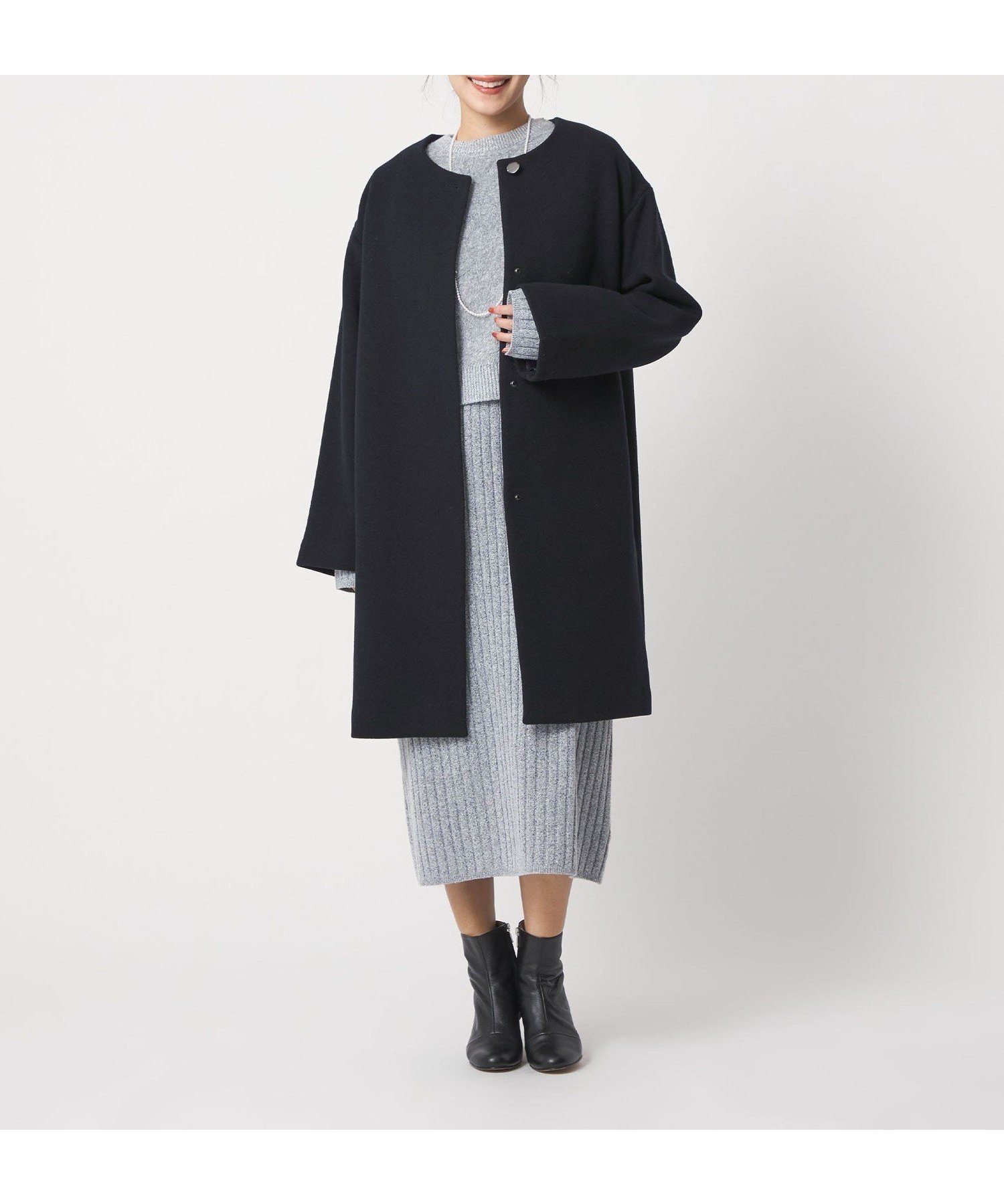 【ユナイテッドアローズ/UNITED ARROWS】のカシミヤブレンド ノーカラーコート A DAY IN THE LIFE インテリア・キッズ・メンズ・レディースファッション・服の通販 founy(ファニー) 　ファッション　Fashion　レディースファッション　Fashion for Women　アウター　Coat / Outerwear Collection　コート・ロングコート・ピーコート　Long Coats, Peacoats & More　クラシカル　Classical, Vintage-Inspired　シンプル　Simple, Minimal　ストール　Stole, Wrap　チェック　Check, Plaid, Tartan　トレンド　Trend, Trending Now　なめらか　Smooth, Silky Texture　バランス　Balance, Style Balance　マフラー　Scarf, Muffler　メタル　Metal, Metal Parts　メルトン　Melton, Heavy Wool　A/W・秋冬　Autumn/Winter　アウトレット　Outlet / Clearance　エレガント 上品　Elegant　ビジネス 仕事 通勤　Business / Work / Commuting　NAVY|ID: prp329100004785535 ipo3291000000034739112