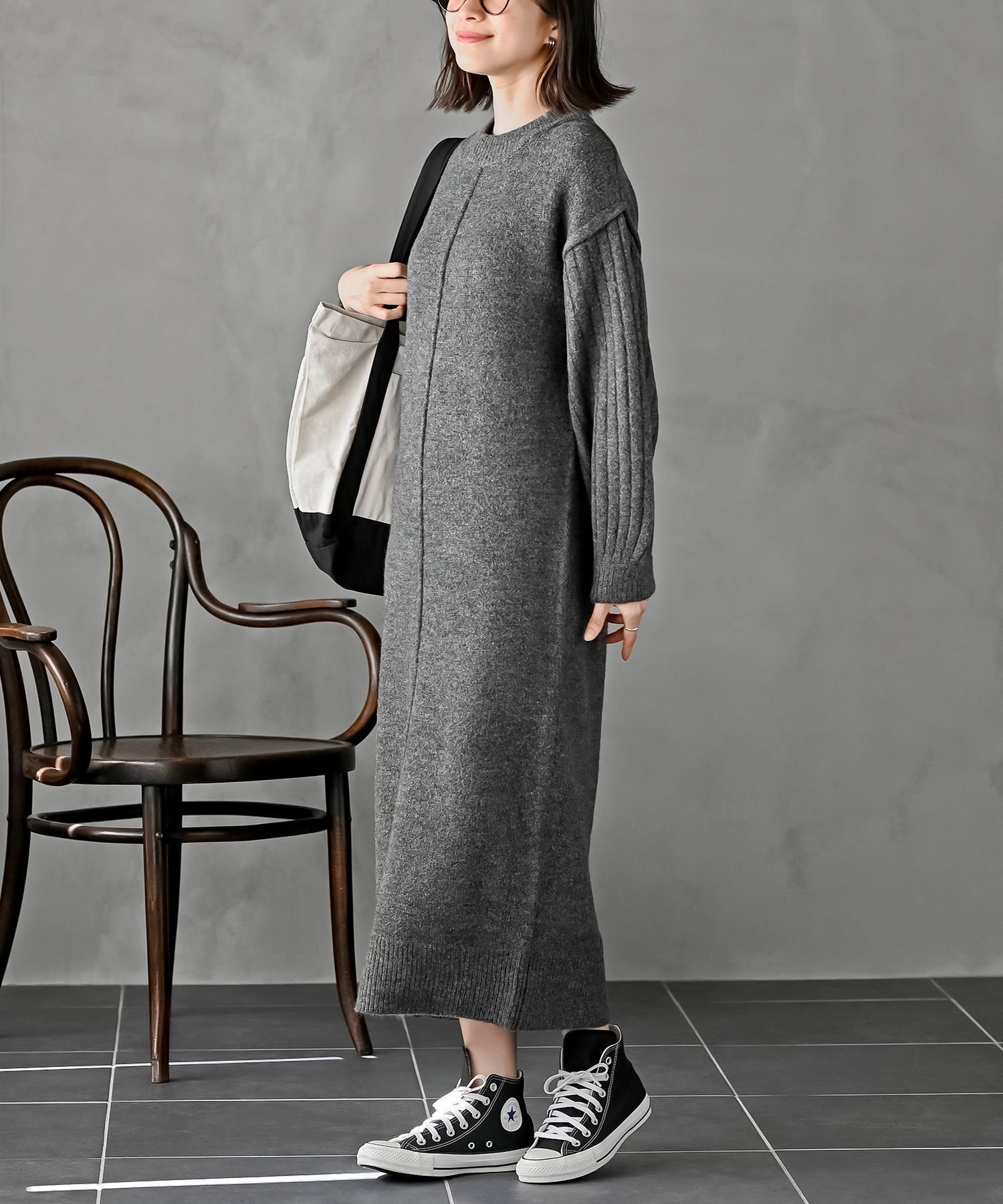 【アールピーエス/rps】のボリュームスリーブニットワンピース インテリア・キッズ・メンズ・レディースファッション・服の通販 founy(ファニー) 　ファッション　Fashion　レディースファッション　Fashion for Women　ワンピース　Dresses　ニットワンピース　Knit Dresses　ポケット　Pocket, Pocket Detail　ミドル　Middle Length, Mid Height　杢チャコール|ID: prp329100004785551 ipo3291000000034948327