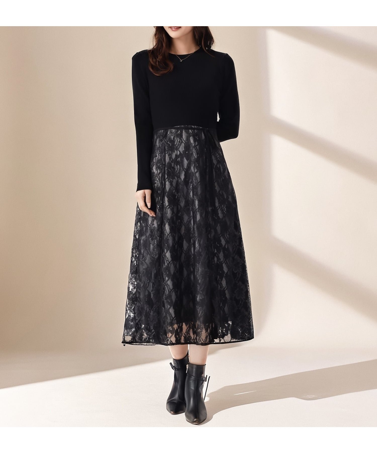 【ミッシュマッシュ/MISCH MASCH】のMM547405 ラメレースニットドッキングワンピース インテリア・キッズ・メンズ・レディースファッション・服の通販 founy(ファニー) ファッション Fashion レディースファッション Fashion for Women ワンピース Dresses エレガント 上品 Elegant フィット Fit, Slim Fit リボン Ribbon, Bow レース Lace, Lace Fabric ブラック|ID: prp329100004785690 ipo3291000000034810871