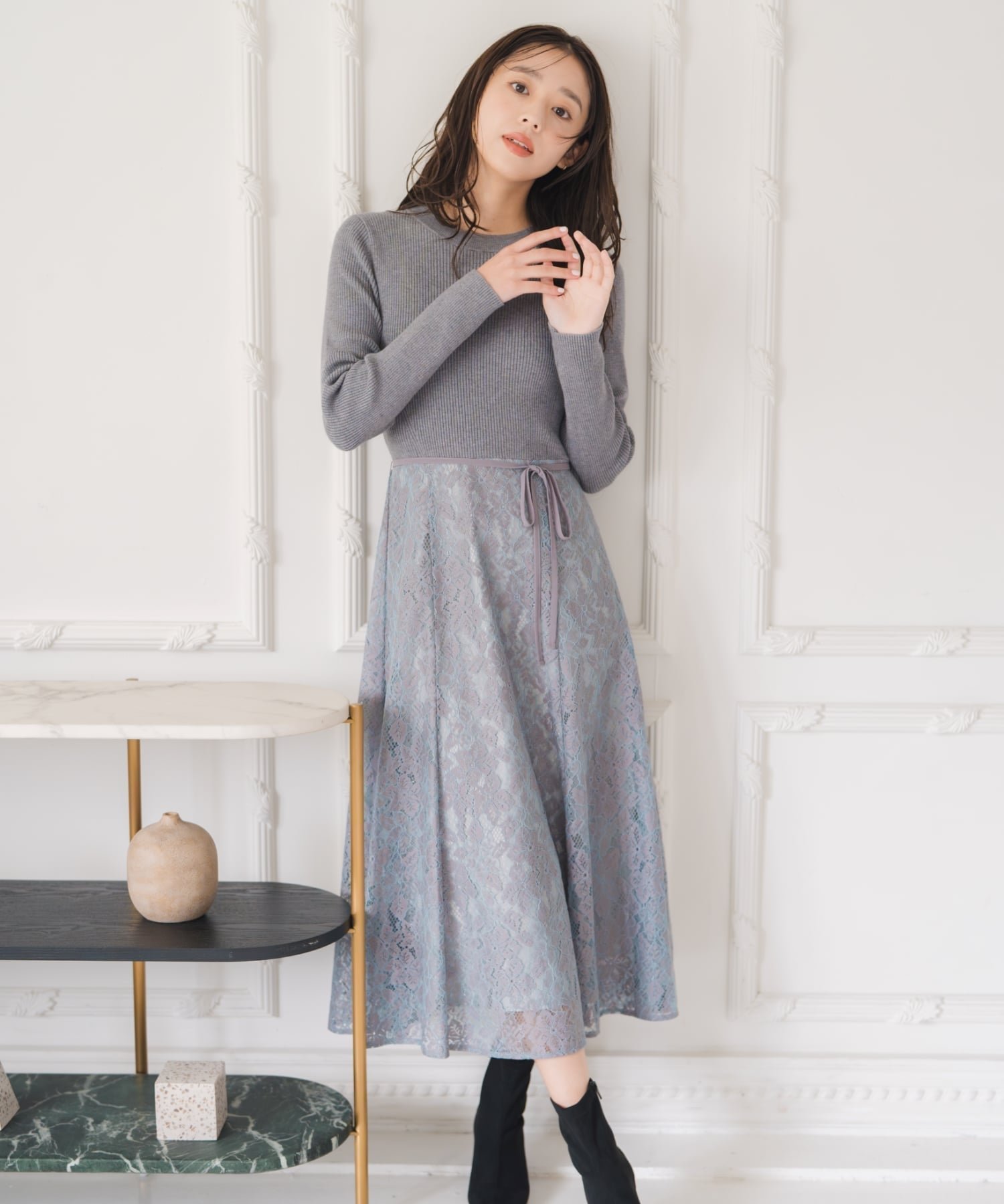 【ミッシュマッシュ/MISCH MASCH】のMM547405 ラメレースニットドッキングワンピース インテリア・キッズ・メンズ・レディースファッション・服の通販 founy(ファニー) ファッション Fashion レディースファッション Fashion for Women ワンピース Dresses エレガント 上品 Elegant フィット Fit, Slim Fit リボン Ribbon, Bow レース Lace, Lace Fabric グレー|ID: prp329100004785690 ipo3291000000034810873