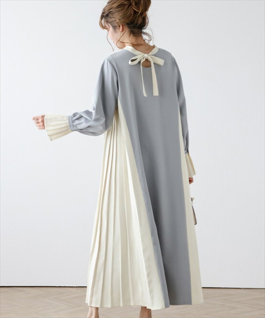 【ラジュール/Lajour】のプリーツ切換えワンピース インテリア・キッズ・メンズ・レディースファッション・服の通販 founy(ファニー) 　ファッション　Fashion　レディースファッション　Fashion for Women　ワンピース　Dresses　カーディガン　Cardigan, Knitwear　ダウン　Down, Puffer　トレンド　Trend, Trending Now　プリーツ　Pleats, Pleated　リボン　Ribbon, Bow　ロング　Long, Long-Length　エレガント 上品　Elegant　冬　Winter / This Winter　秋　Autumn　ブルー×アイボリー|ID: prp329100004785852 ipo3291000000035169680