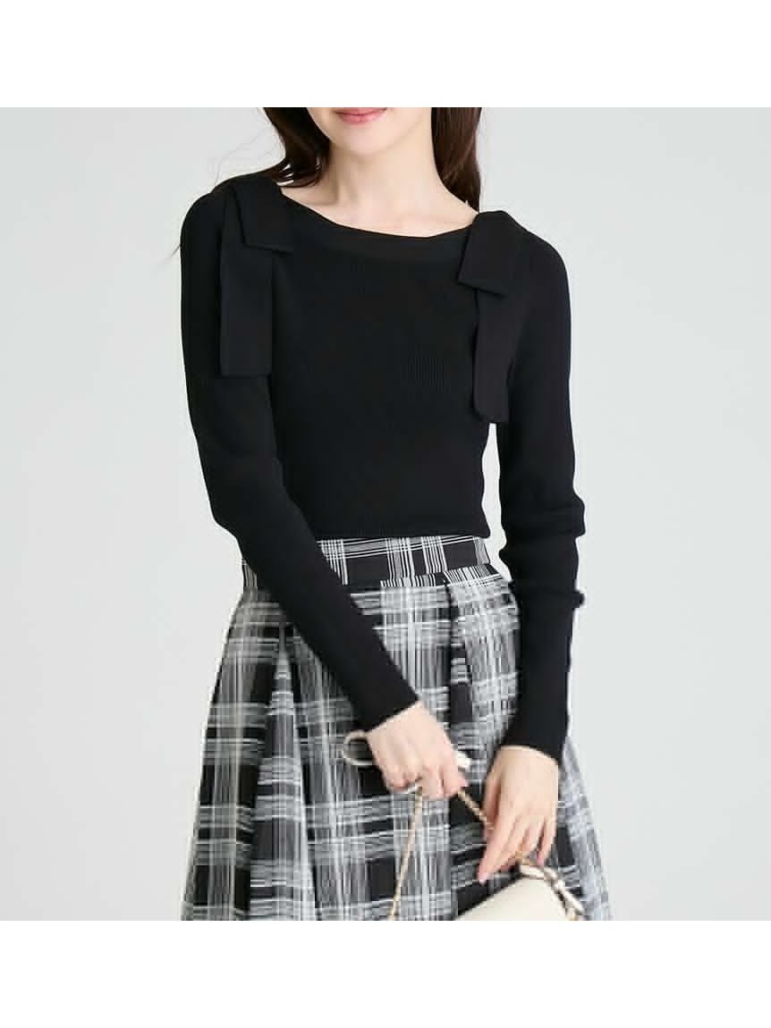 【セルフォード/CELFORD】の【ウォッシャブル】ショルダーリボンニットプルオーバー インテリア・キッズ・メンズ・レディースファッション・服の通販 founy(ファニー) 　ファッション　Fashion　レディースファッション　Fashion for Women　トップス・カットソー　Cut & Sew Tops　ニット　Knit Tops & Sweaters　カジュアルプルオーバー・ニットトップス　Pullovers & Knit Tops / Casual Pullovers　ウォッシャブル　Machine Washable　スクエア　Square, Square Shape　スマート　Smart, Elegant　リボン　Ribbon, Bow　ワンポイント　One Point, Statement Accent　BLK[009]|ID: prp329100004785867 ipo3291000000035073854