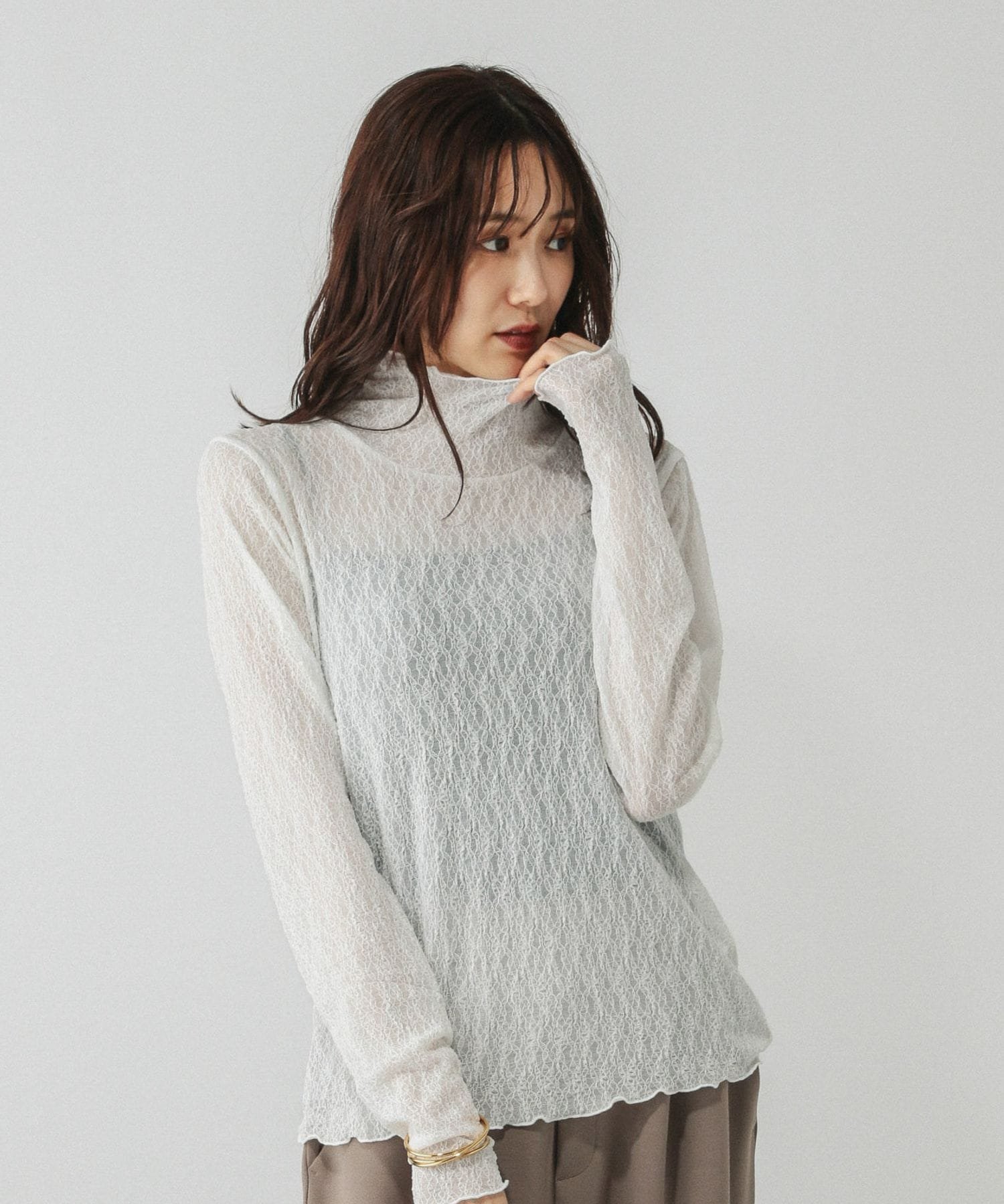 【グローバルワーク/GLOBAL WORK】のストレッチシアーハイネックプルオーバー/598008 インテリア・キッズ・メンズ・レディースファッション・服の通販 founy(ファニー) ファッション Fashion レディースファッション Fashion for Women トップス・カットソー Cut & Sew Tops カジュアルプルオーバー・ニットトップス Pullovers & Knit Tops / Casual Pullovers インナー Innerwear ストレッチ Stretch, Stretchy Fabric チュール Tulip, Tulip Motif ドット Polka Dot, Dot Pattern ハイネック High Neck, Mock Neck プリント Print, Printed Pattern レース Lace, Lace Fabric オフレース07|ID: prp329100004785885 ipo3291000000034780288